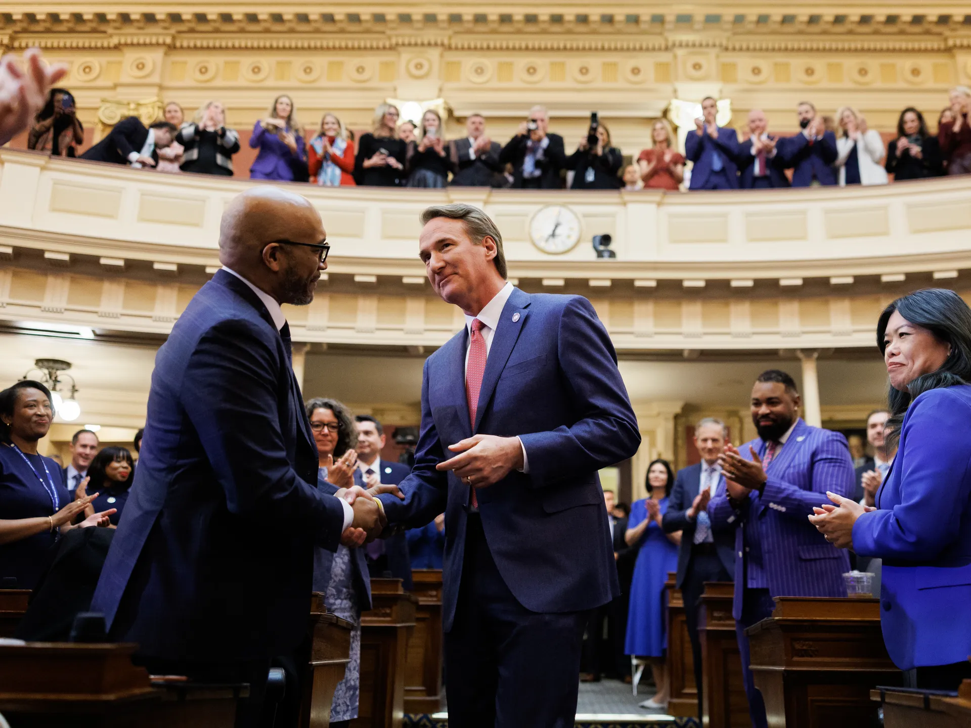 Gov. Glenn Youngkin: Virginia is stronger 'by every single metric' 1 Gov. Glenn Youngkin shakes hands with Del. Michael J. Jones, D-Chesterfield, as he arrives to deliver his final State of the Commonwealth address to the joint session of the 2026 General Assembly session on Wednesday, January 14, 2026 at the Virginia State Capitol in Richmond, Virginia.