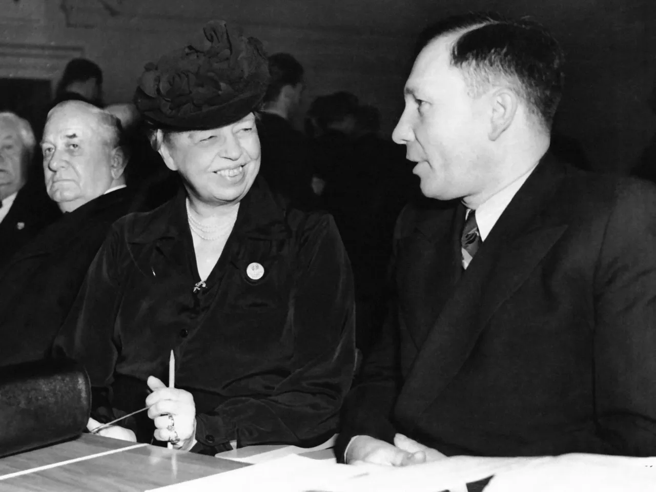 United Nations leaders bemoan global turmoil as the General Assembly turns 80 1 Eleanor Roosevelt, in conversation with Vasily Kuznetsov, a member of the Soviet delegation, at the Central Hall, Westminster, in London, on Jan. 11, 1946, where the General Assembly of the United Nations met.
