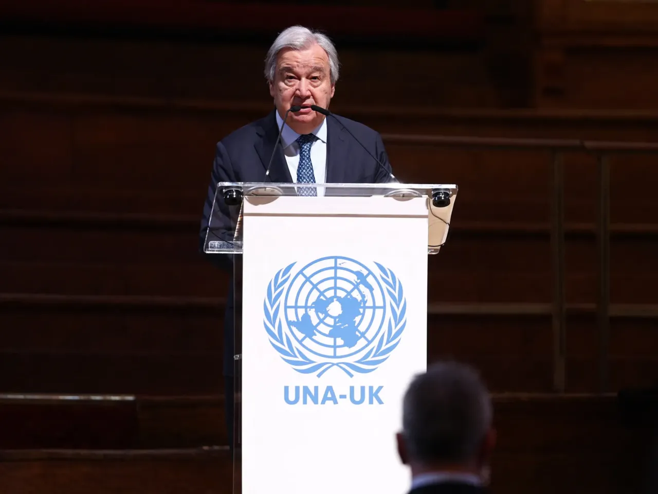 United Nations (UN) Secretary-General Antonio Guterres speaks at the UNA-UK conference to mark the 80th anniversary of the founding of the UN, at Methodist Central Hall, the site of the inaugural UN General Assembly, in London on January 17, 2026.