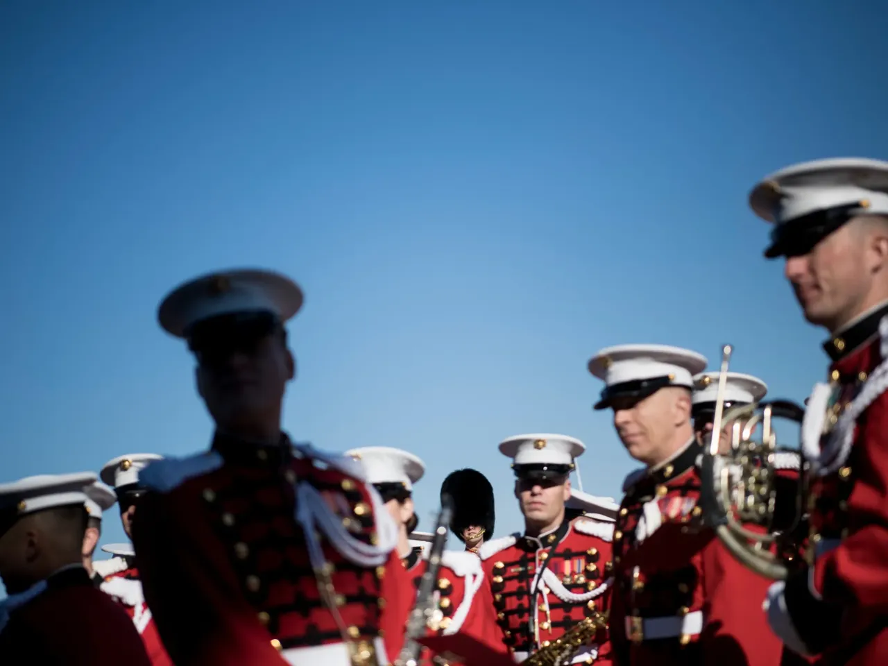 Members of the Marine Band wait for Deputy Secretary of Defense Patrick Shanahan and Acting Minister of National Defense of Afghanistan Lieutenant General Tariq Shah Bahrami to participate in an honor cordon outside the Pentagon on Nov. 20, 2017 in Washington, D.C.