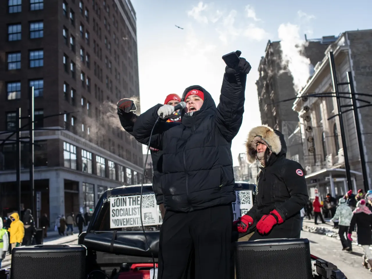 Minnesotans turn out in the frigid cold to protest Trump's immigration crackdown 3 Members of the Party for Socialism and Liberation, or PSL, were among the attendees at a rally in Minneapolis, Minn., Jan. 23, 2026.