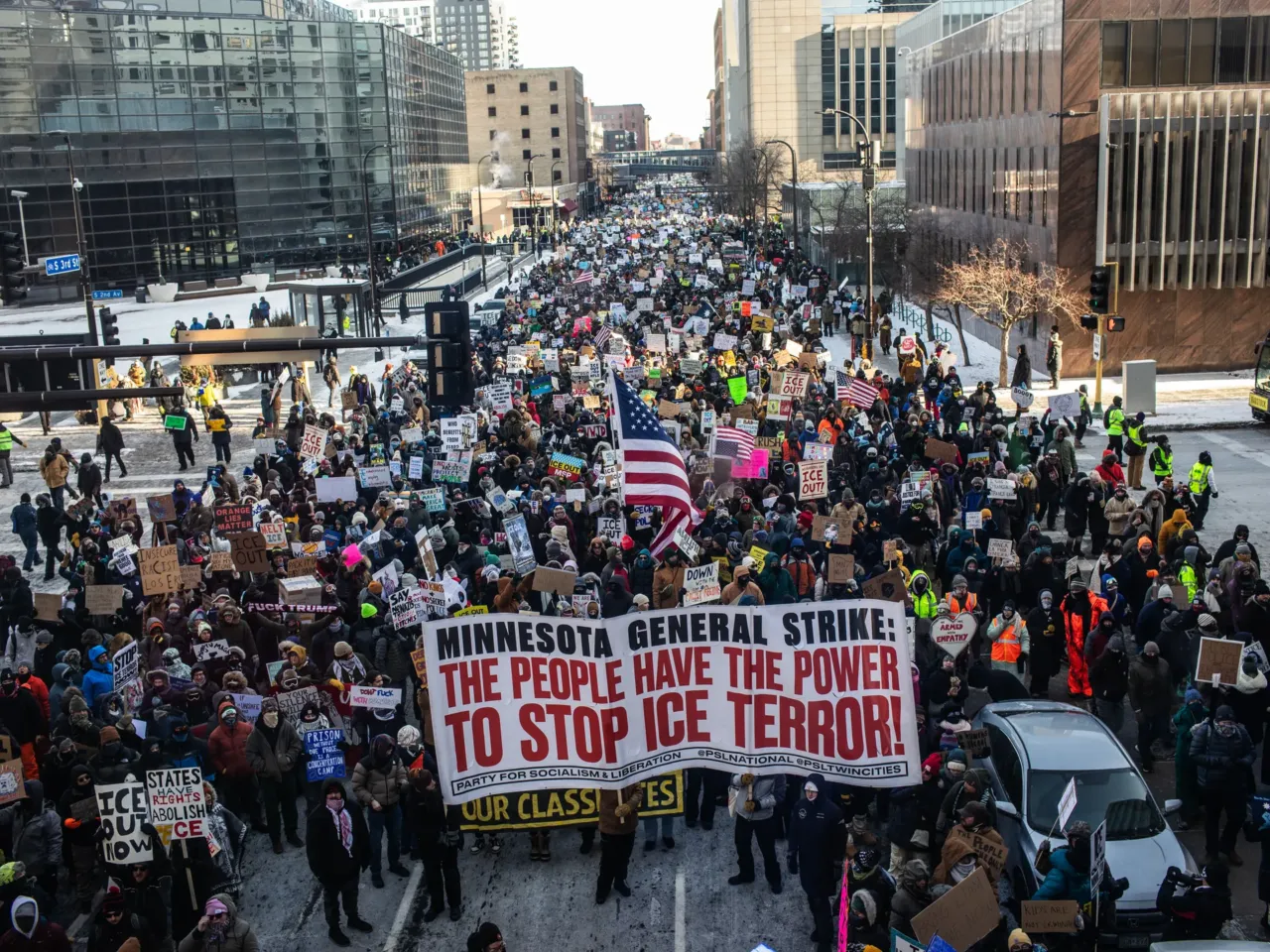 Thousands gather downtown in sub-zero temperatures as hundreds of Minnesota businesses close in a statewide "ICE Out" protest and strike against federal immigration enforcement and the expanded ICE operations in Minneapolis, Minnesota, Jan. 23, 2026.