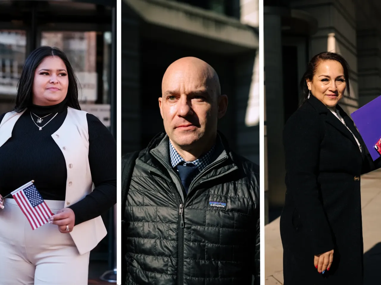 Ashely Lezama (left), of Honduras, stands outside after her first naturalization ceremony at the Albert V. Bryan Federal Courthouse in Alexandria, Va. David Diemert, of Canada, and Zaida Meza, of Guatemala, stand outside after their naturalization ceremony at the E. Barrett Prettyman United States Court House in Washington, D.C.
