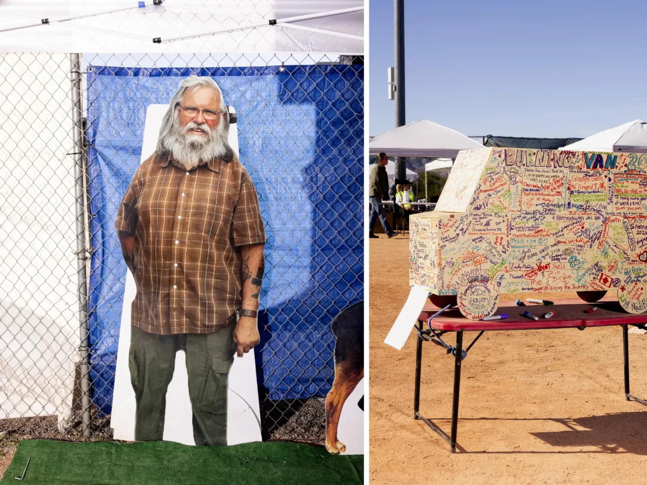 Left: A cardboard cutout of the Rubber Tramp Rendezvous Founder Bob Wells at a meet and greet event. Right: The Burning Van which everyone signs and is burned at the end of the Rubber Tramp Rendezvous.
