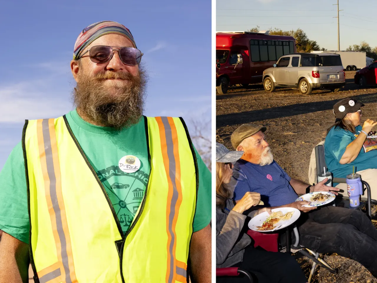 Left: Volunteer Derrick "D-Rock" Hansler. Right: Volunteers chat and eat during a Taco Tuesday gathering.
