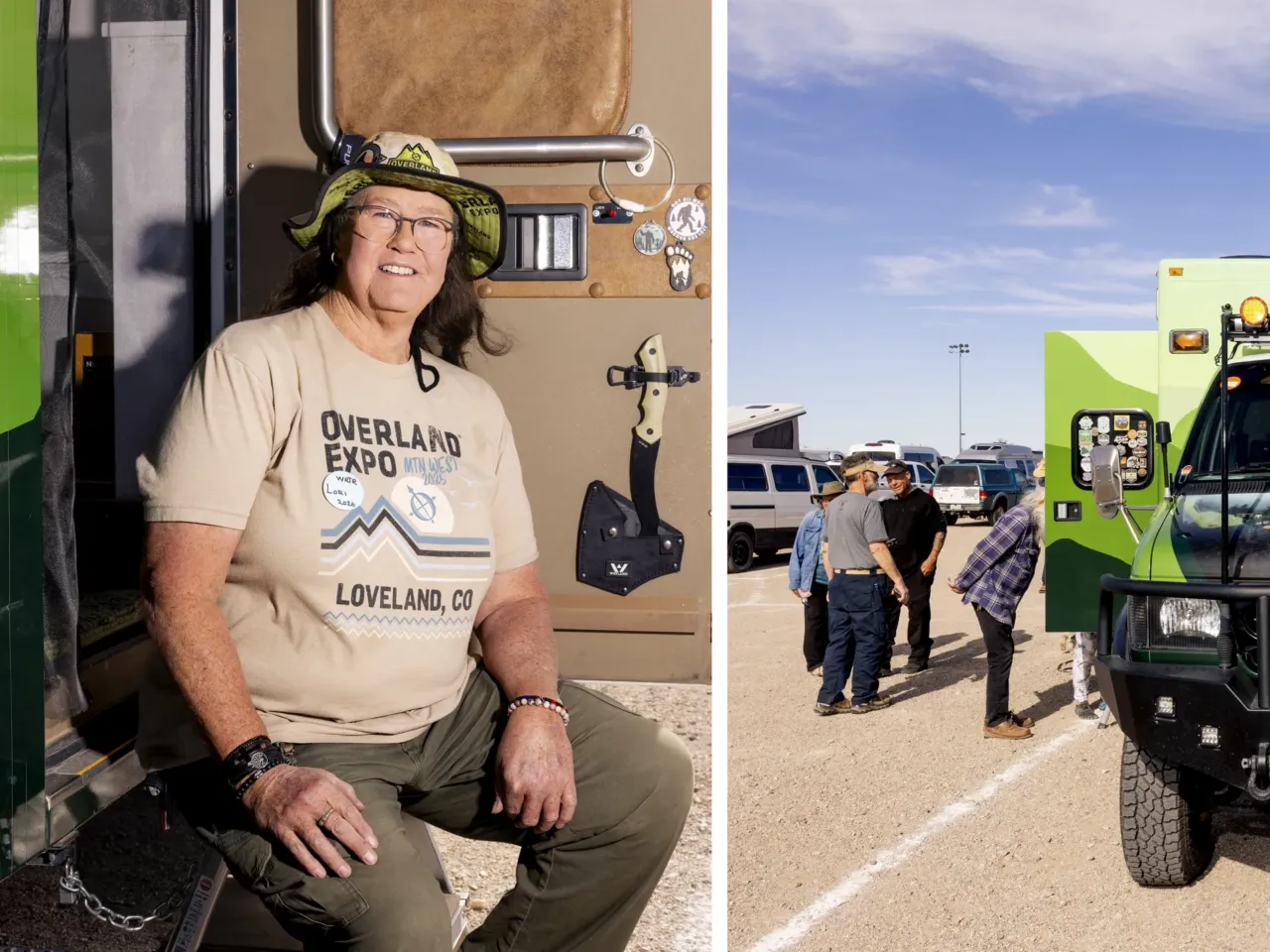 Left: First time attendee Lori Gaskill sits outside her retrofitted ambulance. Right: An American flag waves above Gaskill's rig.