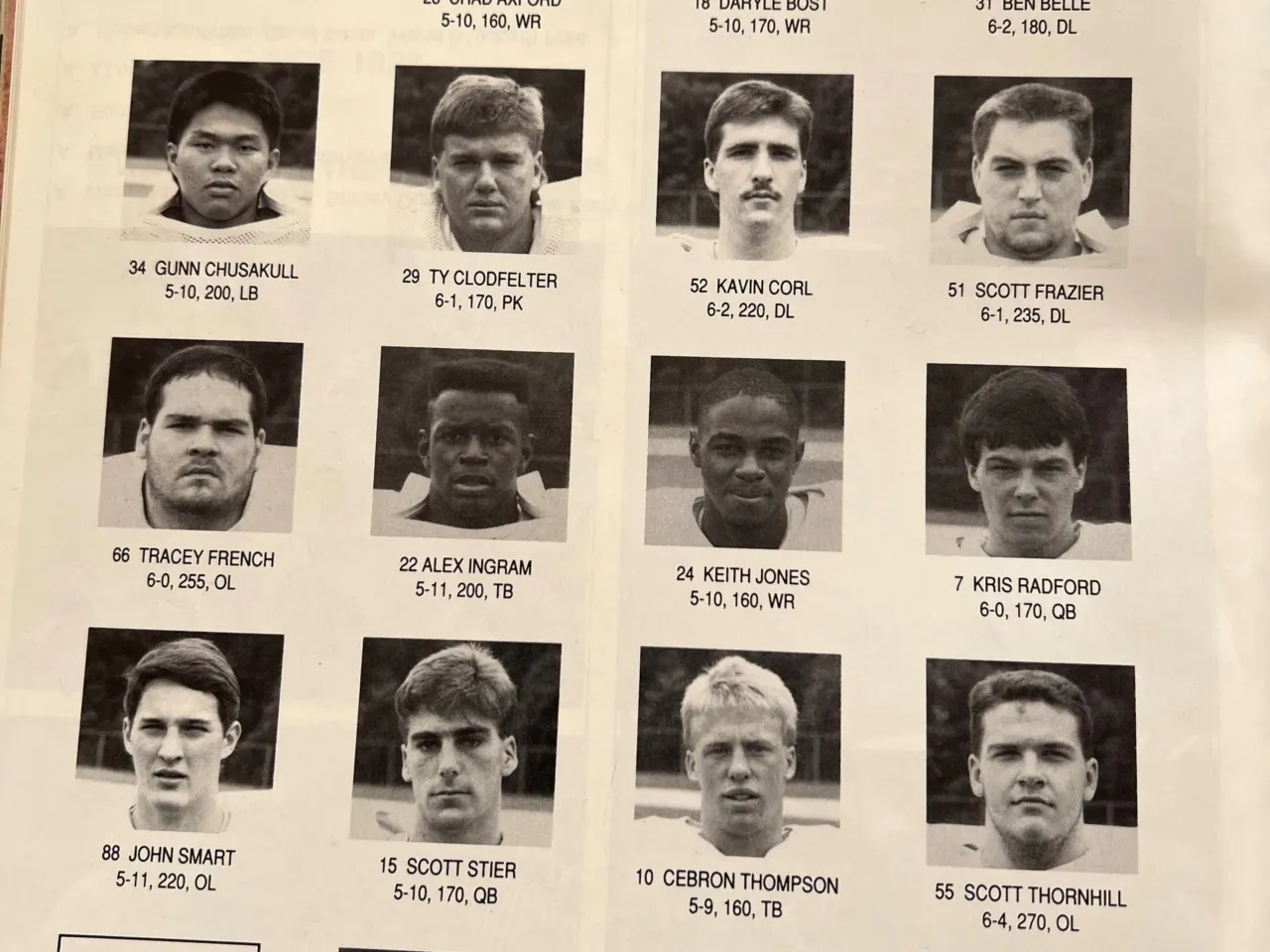 Scott Thornhill's freshman photo in the football media book for the Guilford College in 1989.