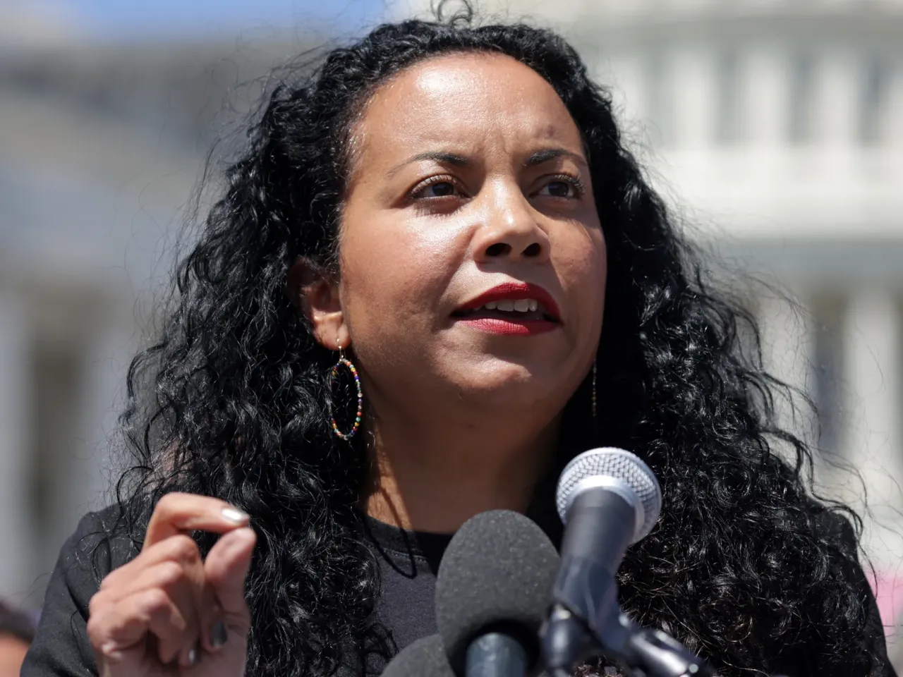 Analilia Mejia, Co-Executive Director of Center for Popular Democracy, speaks during a news conference outside the U.S. Capitol calling for immediate resignation of U.S. Supreme Court Associate Justice Clarence Thomas on April 19, 2023 in Washington, DC.