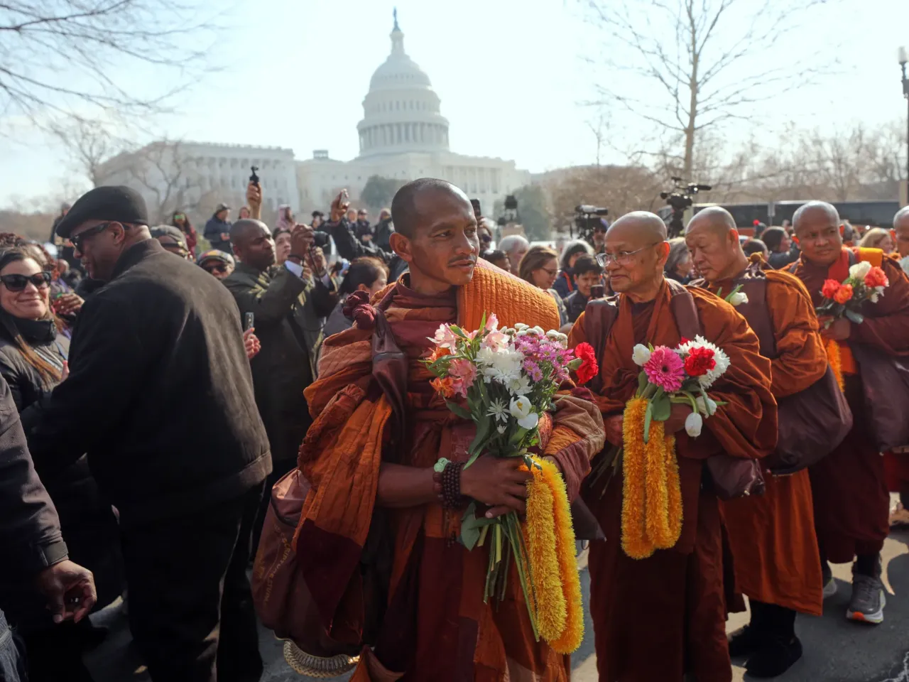 Buddhist monks walk near the U.S. Capitol, on Capitol Hill, during their Walk For Peace.