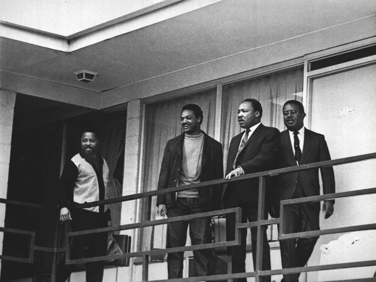 The Rev. Martin Luther King Jr. stands with other civil rights leaders on the balcony of the Lorraine Motel in Memphis, Tenn., on April 3, 1968, a day before he was assassinated. From left are Hosea Williams, Jesse Jackson, King and Ralph Abernathy.