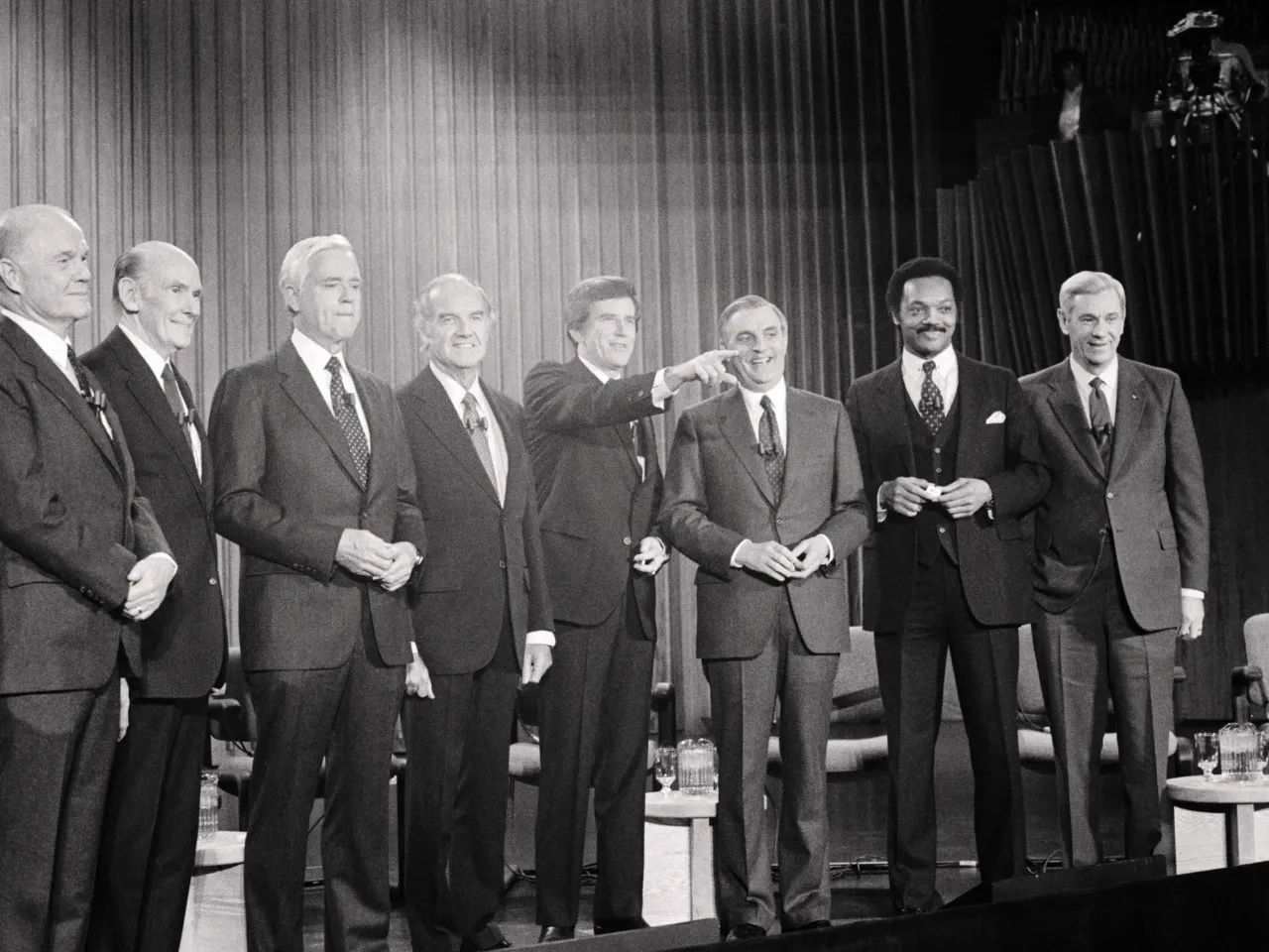 The 1984 Democratic presidential candidates pose for photographers prior to the Democratic debate at Dartmouth College. (From left to right) John Glenn, Alan Cranston, Ernest Hollings, George McGovern, Gary Hart, Walter Mondale, Jesse Jackson and Reubin Askew.
