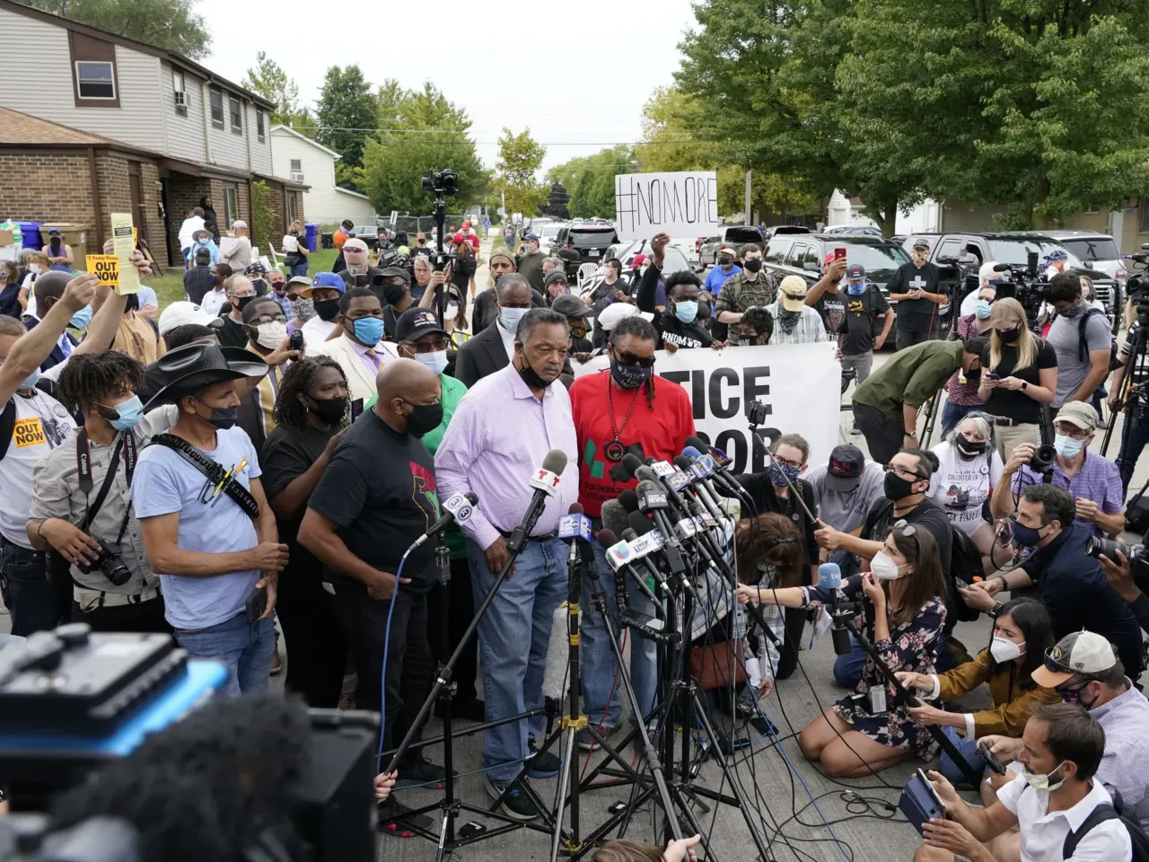 The Rev. Jesse Jackson speaks during a community gathering at the site of Jacob Blake's shooting on Sept. 1, 2020, in Kenosha, Wis.