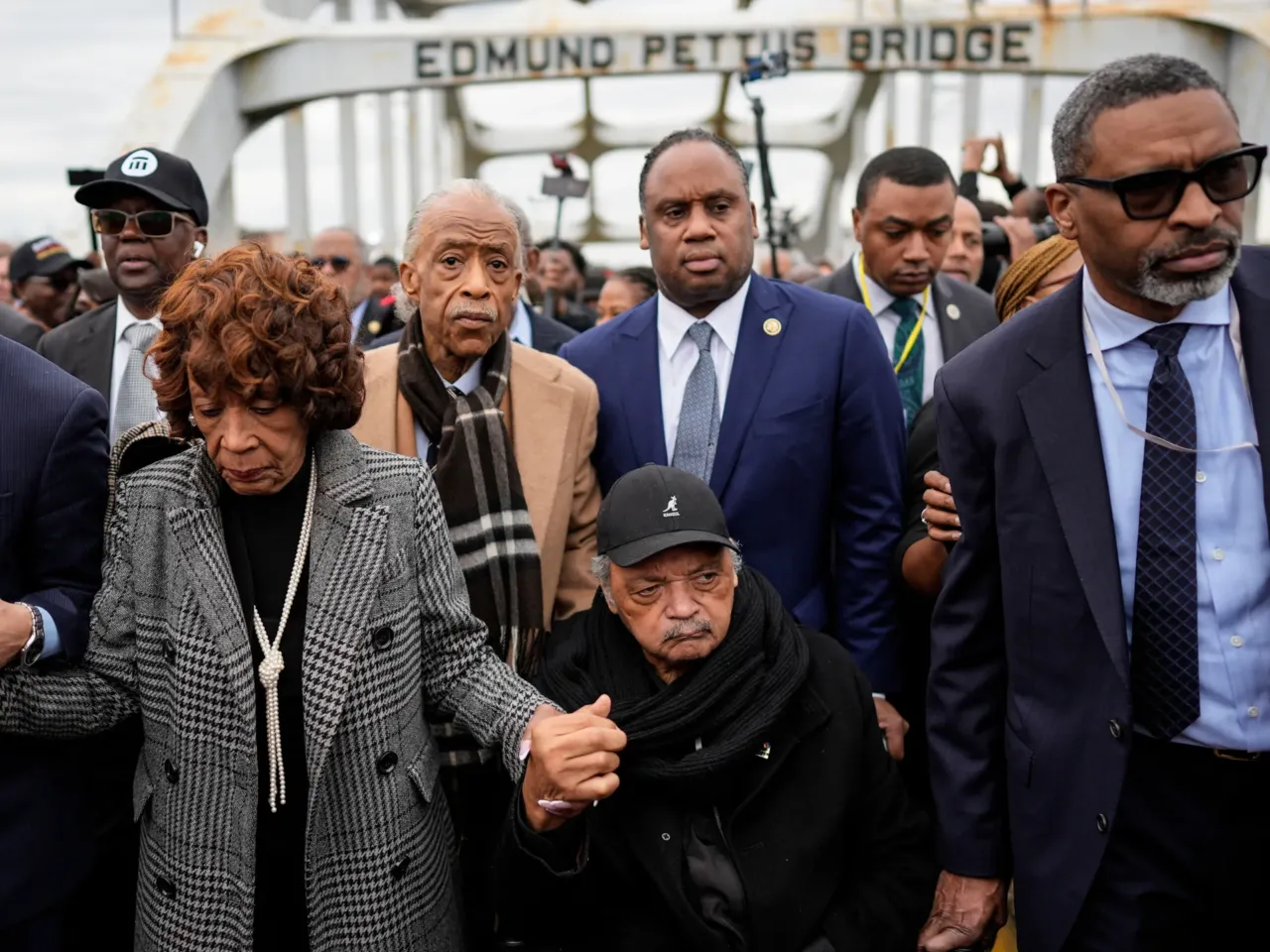 Rep. Hakeem Jeffries, D-N.Y., (left), Rep. Maxine Waters, D-Calif., Rev. Al Sharpton, Rev. Jesse Jackson and NAACP President Derrick Johnson march across the Edmund Pettus bridge during the 60th anniversary of the march in Selma, Ala., on March 9, 2025.