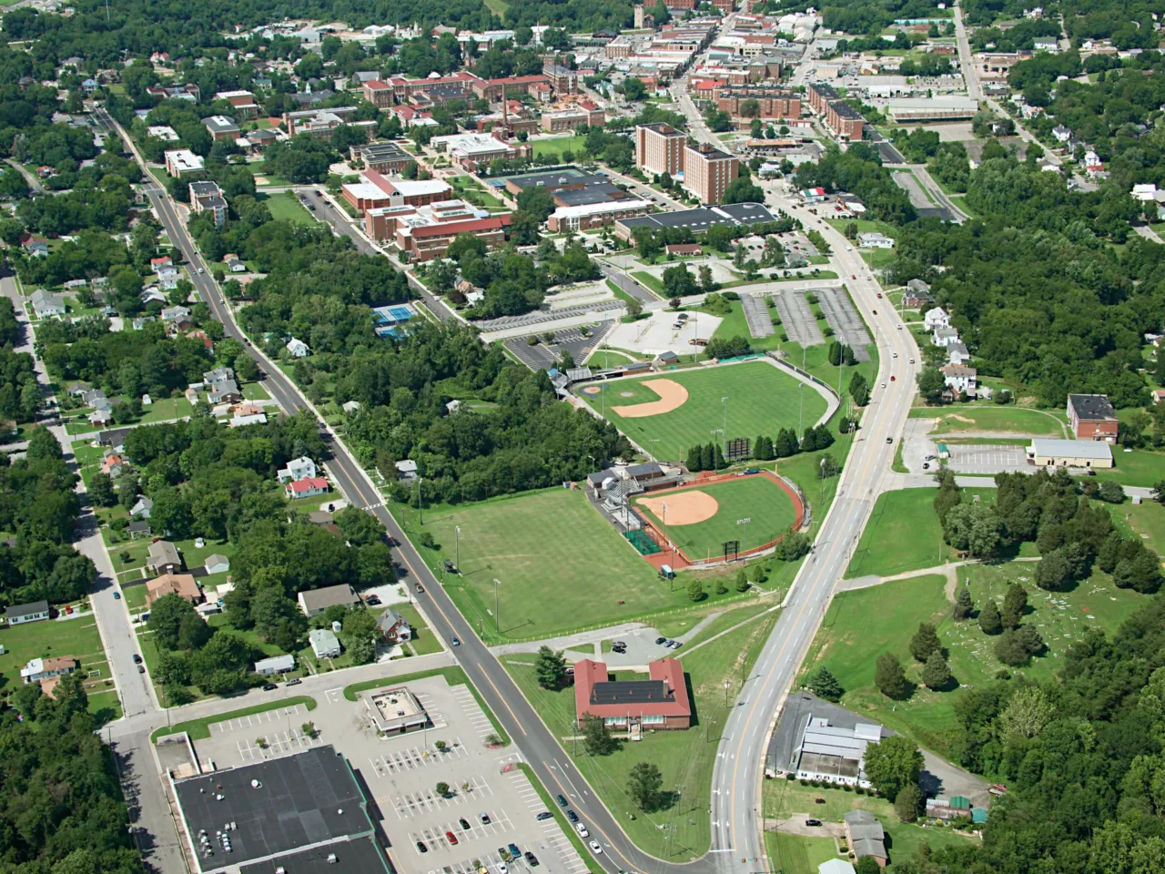 At Longwood, a journey toward racial reckoning 2 In this aerial photo from 2013, The Moton Museum, once the segregated high school for the Black community and site of the landmark 1951 student walk out, sits in the elbow of Griffin Boulevard and South Main Street in Farmville. The area where the university's ball fields and parking lots sit was once a vibrant Black neighborhood.