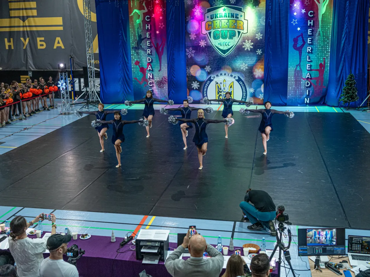 The Sunrise cheerleading team performs at Kyiv's Ukraine Cheer Cup competition on Dec. 13, 2025.