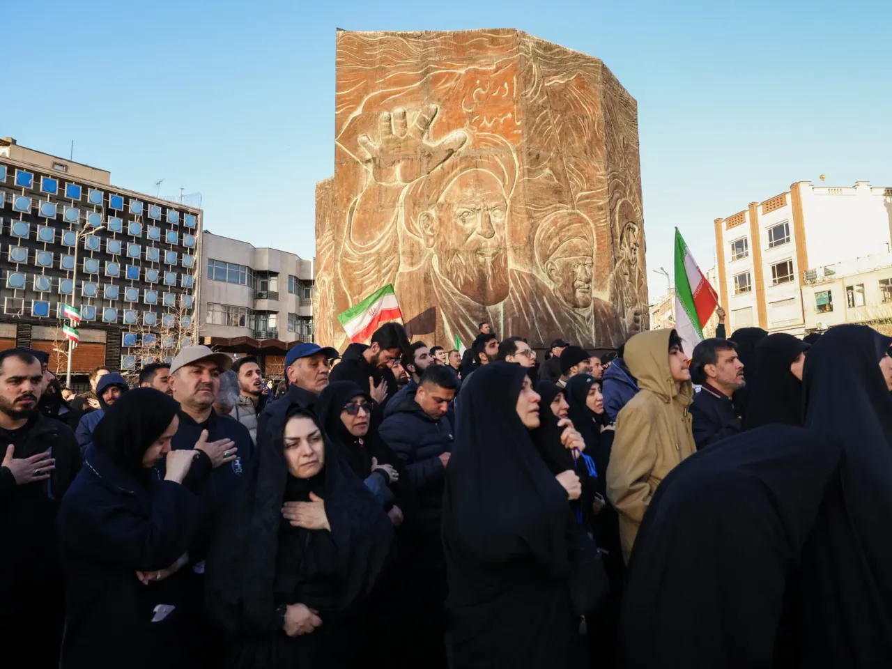 People at a public square in Tehran mourn the death of Iran's Supreme Leader Ayatollah Ali Khamenei, who was killed in joint US and Israeli strikes on March 1, 2026.