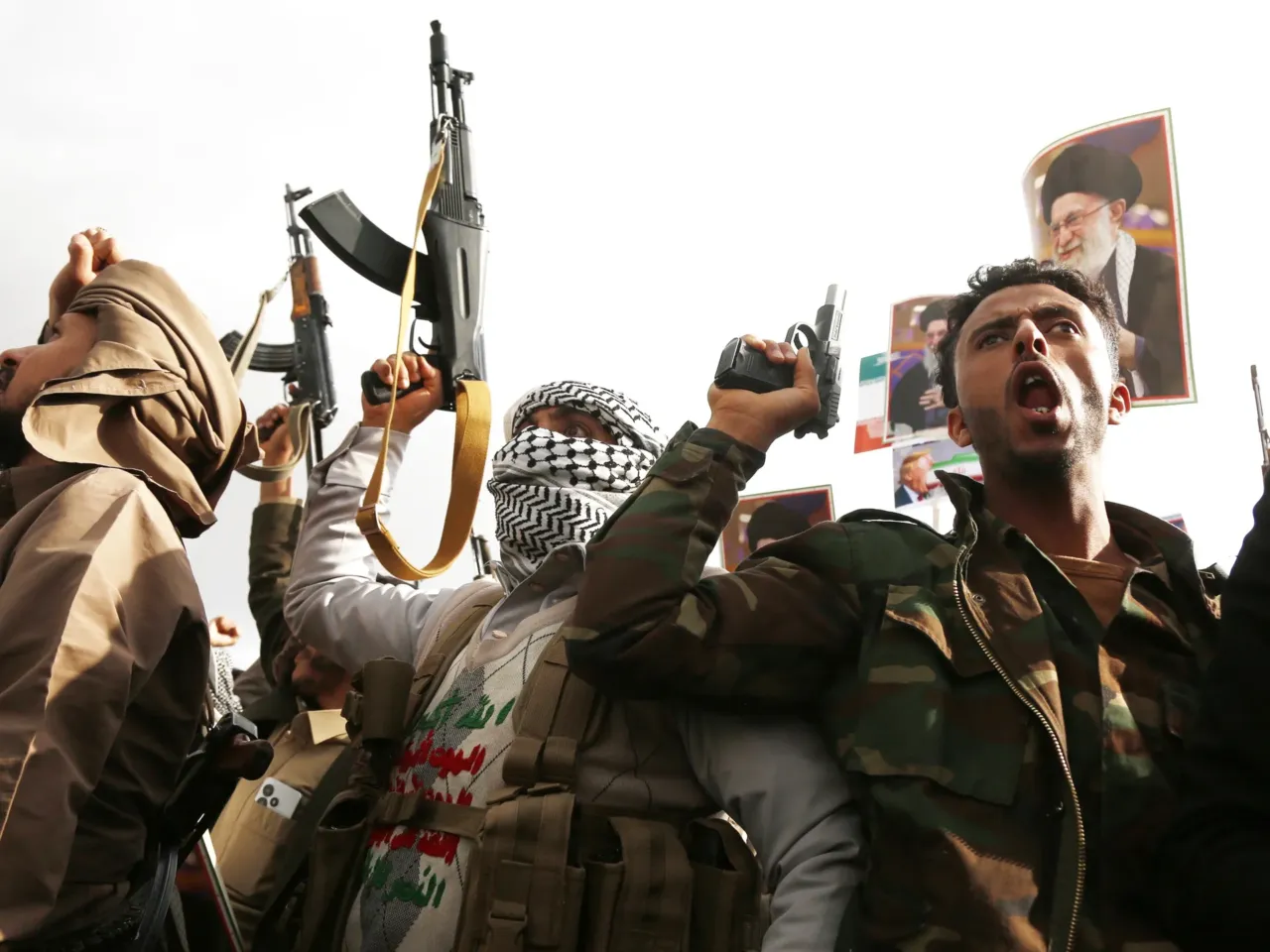 Demonstrators holding Iranian flags and portraits of Ayatollah Ali Khamenei gather at Sebeen Square, under the control of Iran-backed Houthis, to protest the killing of Khamenei in US and Israeli airstrikes in Sanaa, Yemen on March 01, 2026.