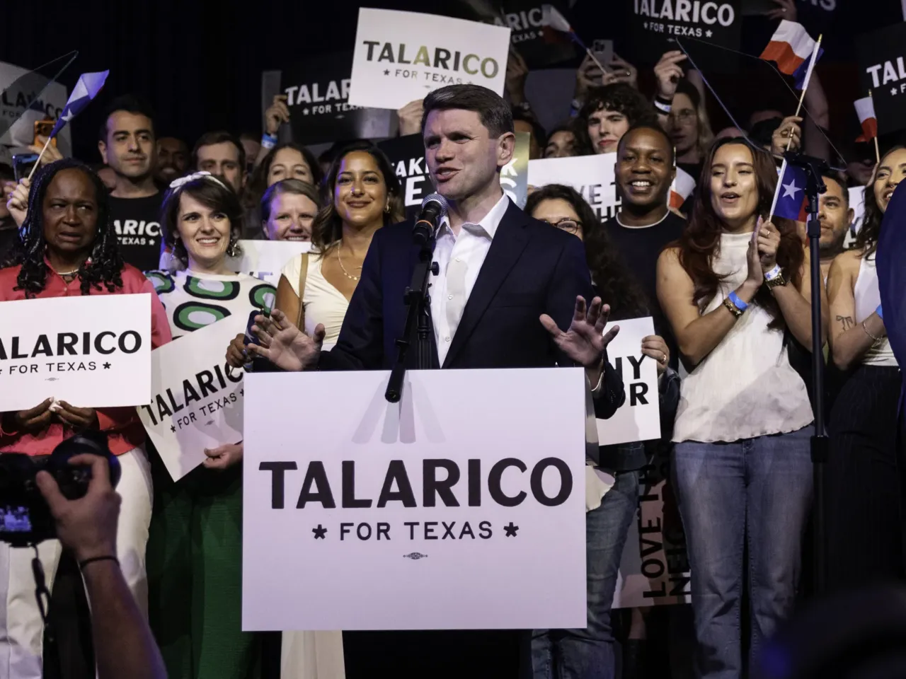 Texas Senate candidate James Talarico addresses supporters on election night in Austin, Texas.