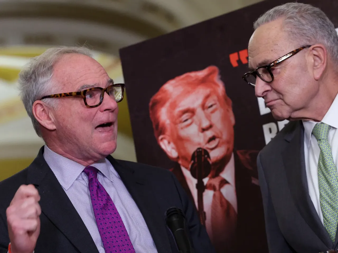 Sen. Tim Kaine, D-Va., and U.S. Senate Minority Leader Chuck Schumer, D-N.Y., speak at the Capitol on Tuesday on the recent U.S. and Israeli attacks on Iran and the upcoming war powers vote.