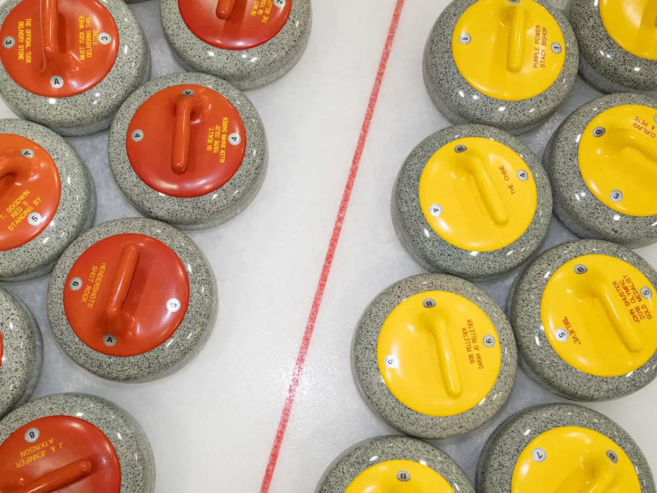 Stones are lined up on the ice at the Potomac Curling Club in February.