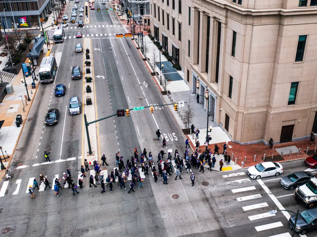 Union supporters march to General Assembly Building to lobby for collective bargaining on Wednesday, February 25, 2026 in Richmond, Virginia.