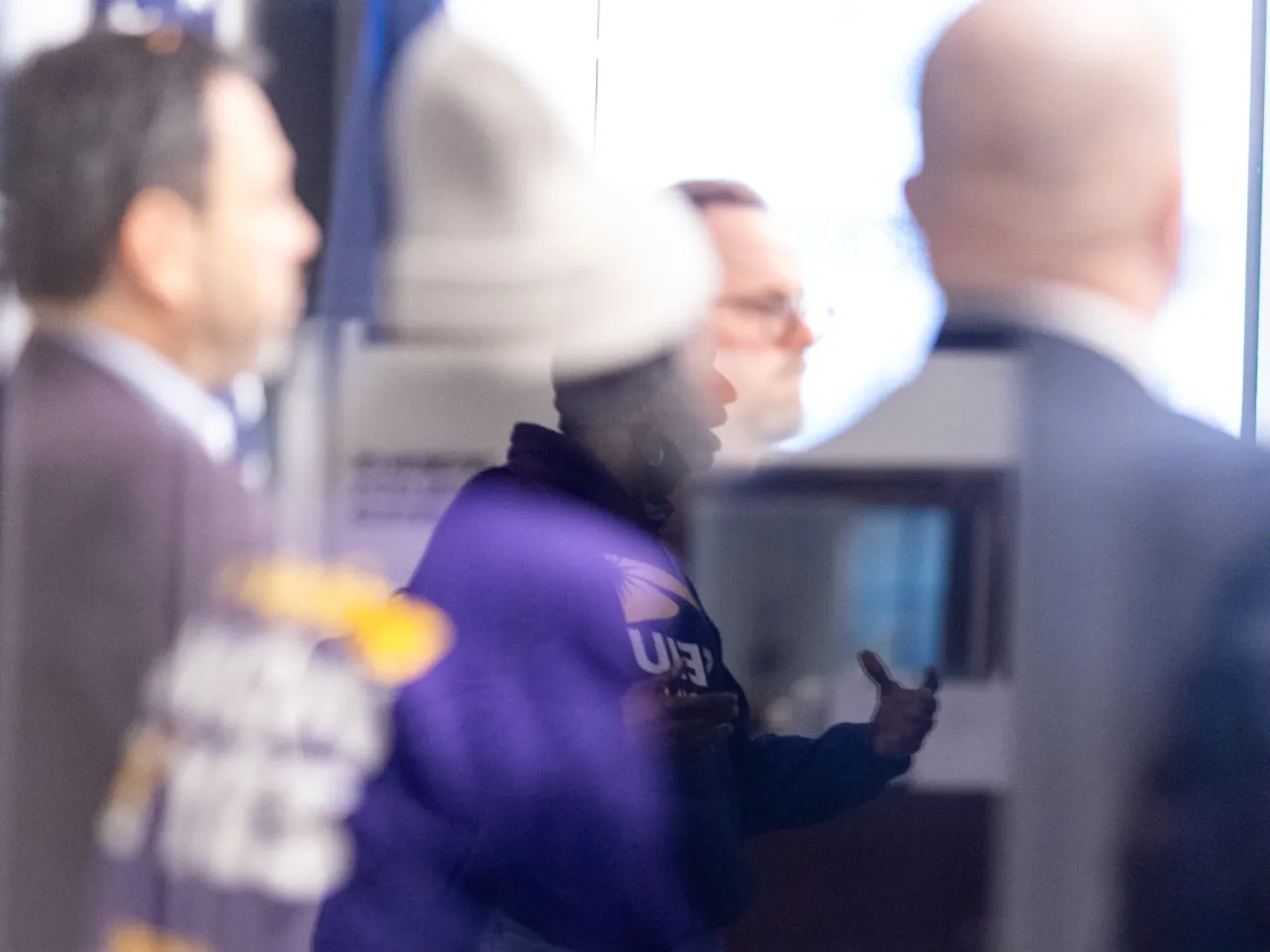Tony Hedgepeth, member of SEIU Virginia 512, chats with other members of the public during a press conference on collective bargaining on Friday, January 23, 2026 at the Virginia State Capitol in Richmond, Virginia.