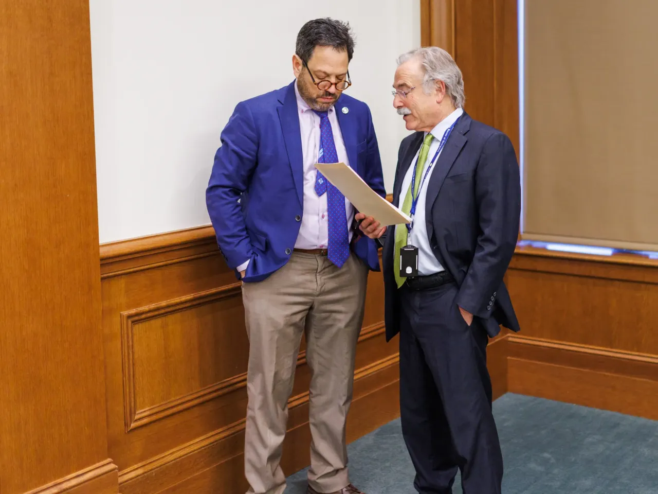 Sen. Scott Surovell, D–Fairfax, chats with Jeffrey Breit, chief of staff for House Speaker Don Scott, D–Portsmouth, during a General Assembly session on Tuesday, January 27, 2026 in Richmond, Virginia.