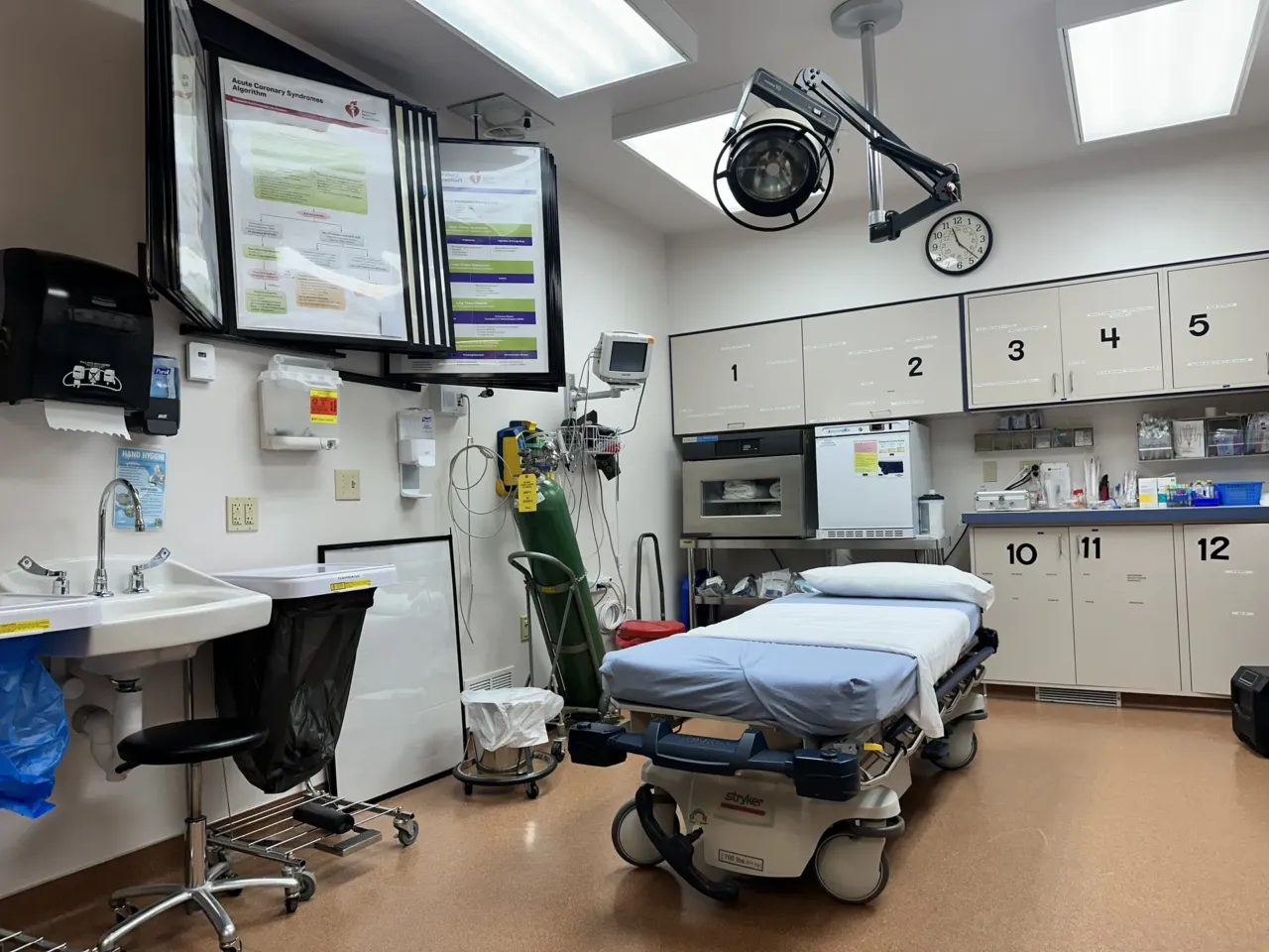 The emergency department at Big Sandy's hospital consists of a single room with two beds and only a curtain between between them for privacy. Rancher Shane Chauvet was stabilized here after a piece of metal nearly severed his arm during a windstorm a few years back.