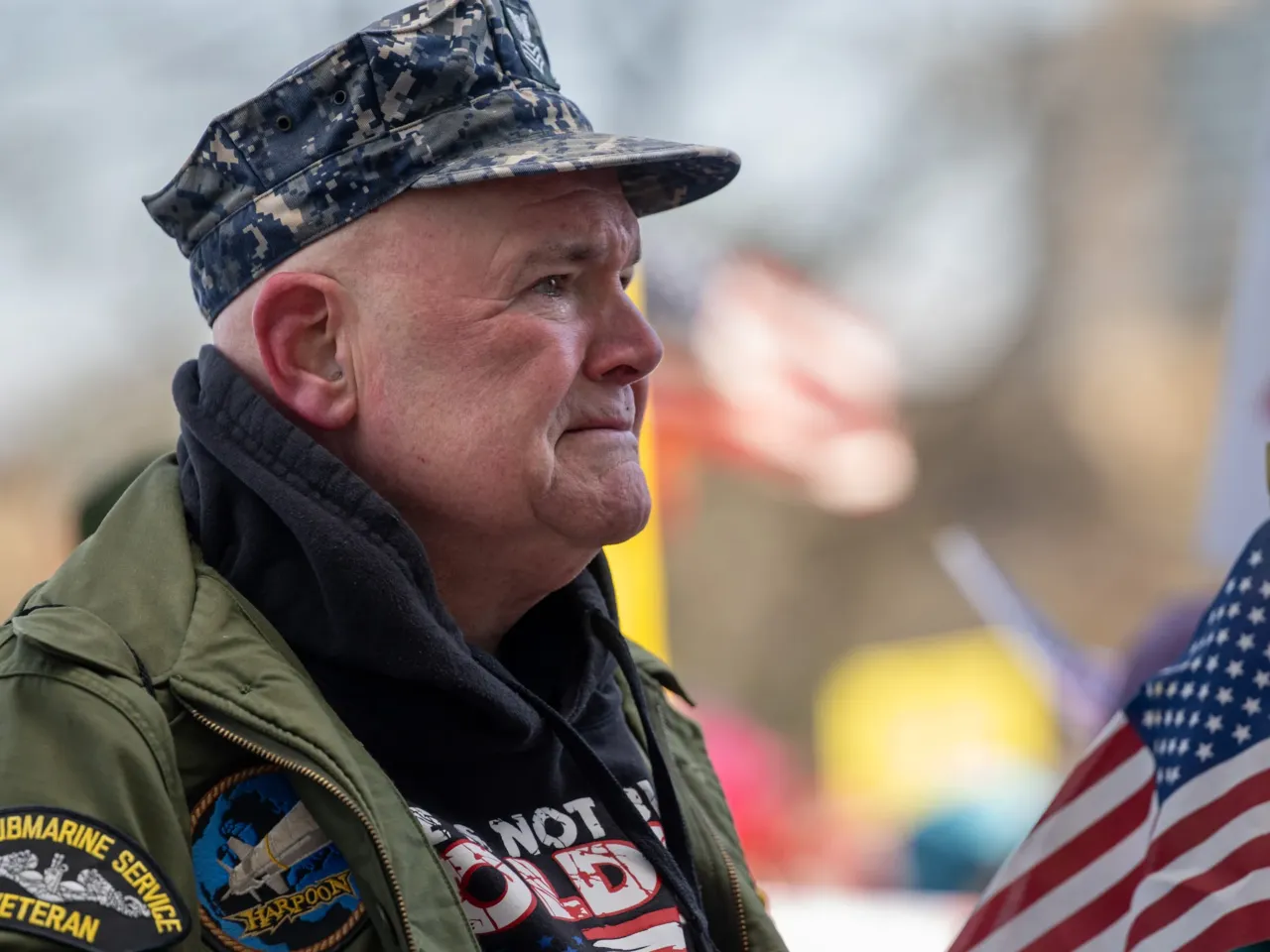 Ken MacDonald tears up in Hartford as he listens to a speech about the plight of his fellow veterans.
