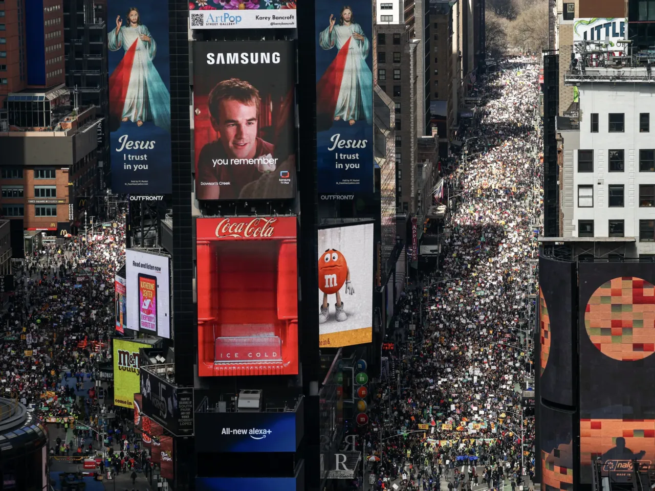 Protesters descend on Times Square in New York City.