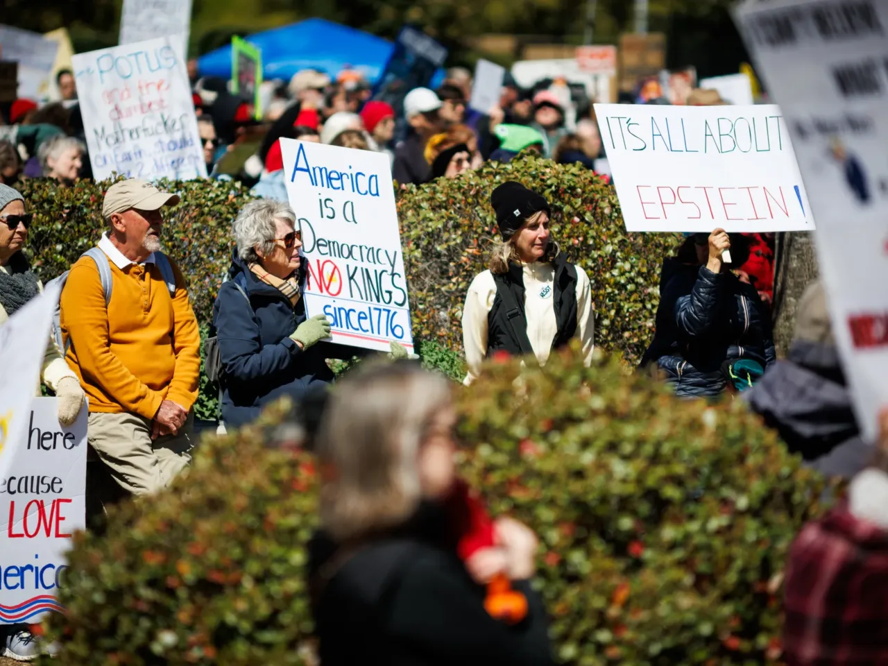 Protestors listens as speakers address the crowd gathered in Richmond, Virginia.