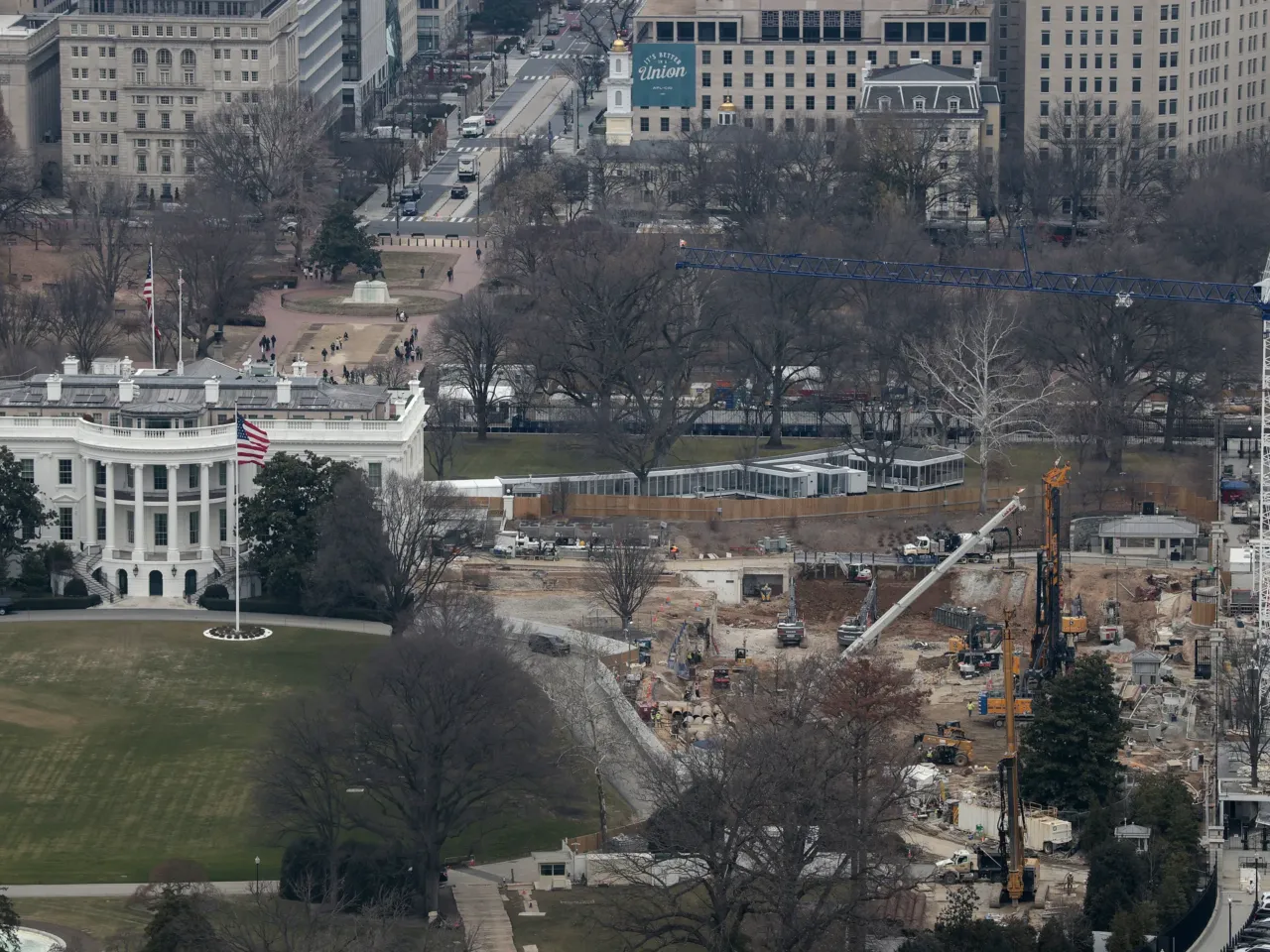 Viewed from the observation level of the Washington Monument, demolition work continues where the East Wing once stood at the White House on January 05, 2026 in Washington, D.C.