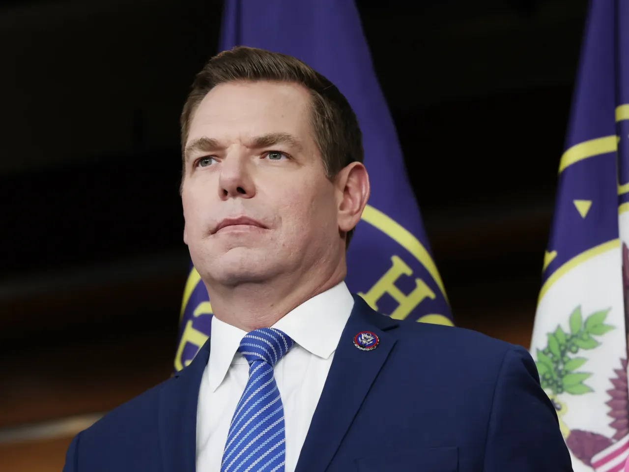 Rep. Eric Swalwell, D-Calif., speaks at a news conference at the U.S. Capitol on September 08, 2025.
