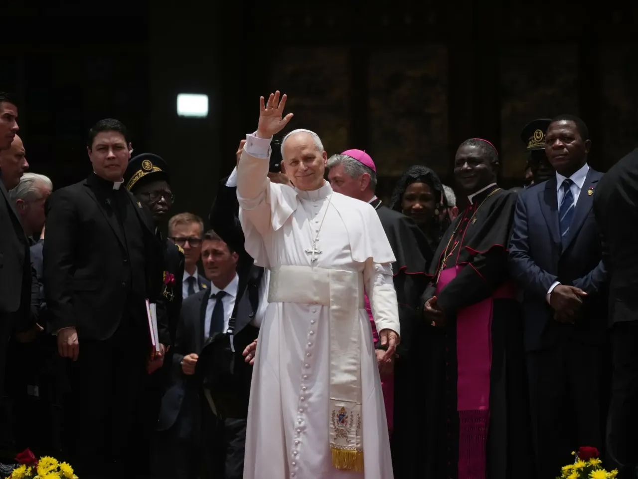 Pope Leo XIV leaves at the end of a meeting for peace at Saint Joseph's Cathedral in Bamenda, Cameroon, with the local community Thurs. April 16th, 2026, on the fourth day of his 11-day pastoral visit to Africa.