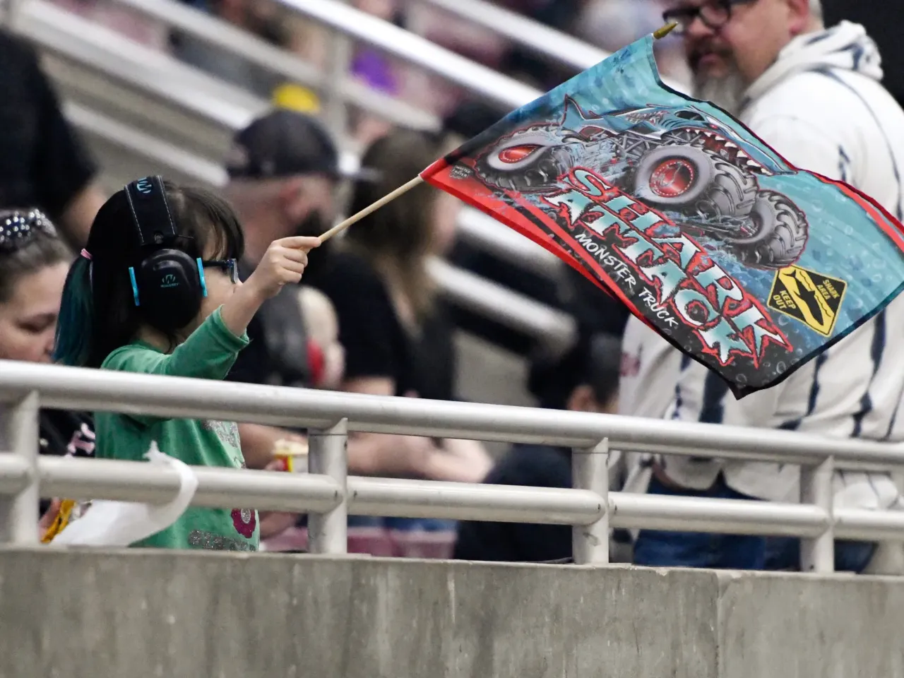 Monster trucks find a big audience with little kids 1 Most fans don protective earmuffs at a monster truck rally because of the, literally, deafening volume of the un-muffled, 1500 horsepower trucks.