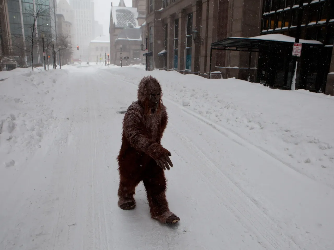 A slew of new Bigfoot sightings, on-screen and off-Broadway 2 A person dressed as Bigfoot makes their way through Boston's Back Bay neighborhood during a blizzard in January 2015.
