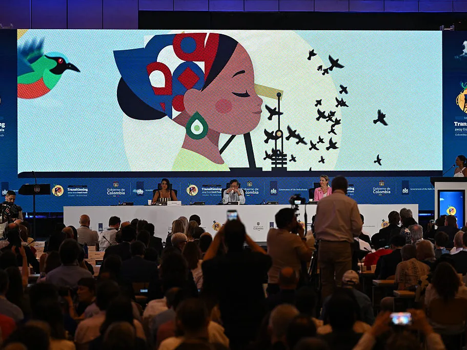 Colombia's President Gustavo Petro, Colombia's Environment Minister Irene Vélez Torres and Dutch Minister of Climate and Green Growth Stientje van Veldhoven attend the International Conference on the Just Transition Away from Fossil Fuels in Santa Marta, Colombia, on April 28, 2026.