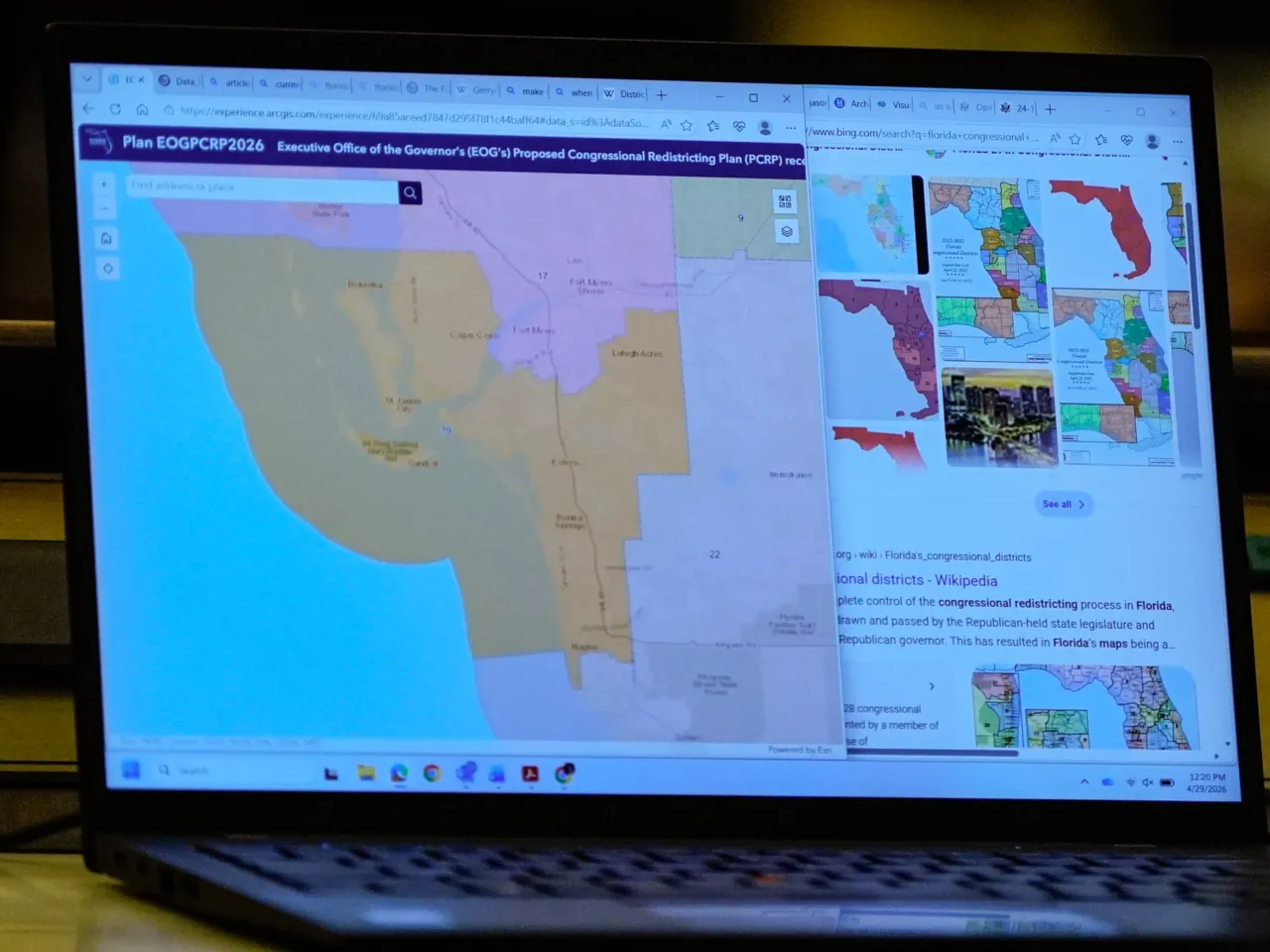 A senator's laptop displays a Congressional Redistricting Plan during debate before its passage in the Florida Senate.