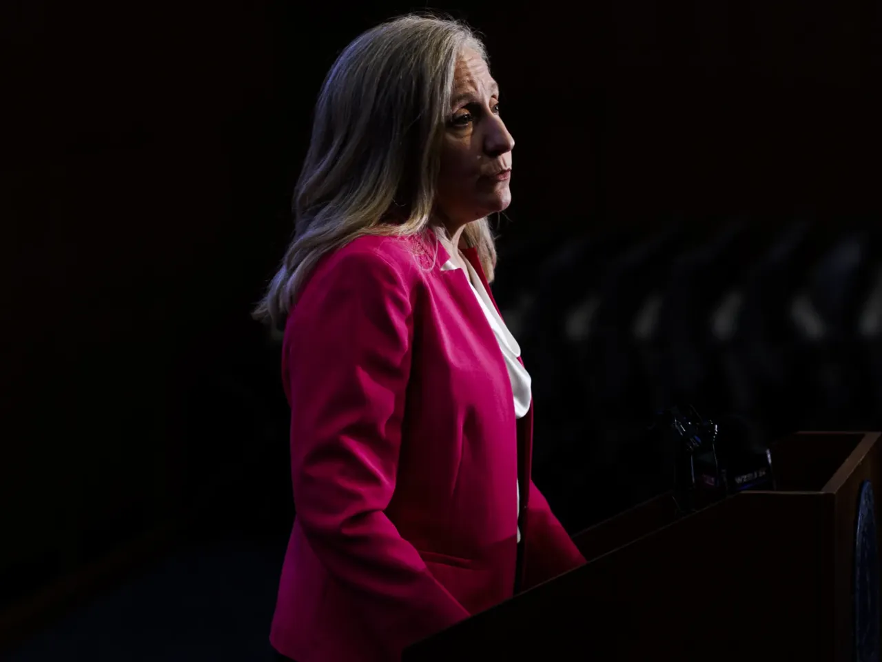 Gov. Abigail Spanberger gives remarks during a press conference on Wednesday, April 22, 2026 in Richmond, Virginia.