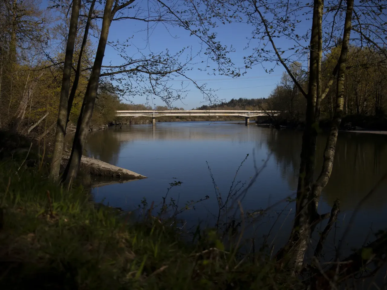 The Stillaguamish River is shown on April 8, 2026, south of Stanwood, Wash.