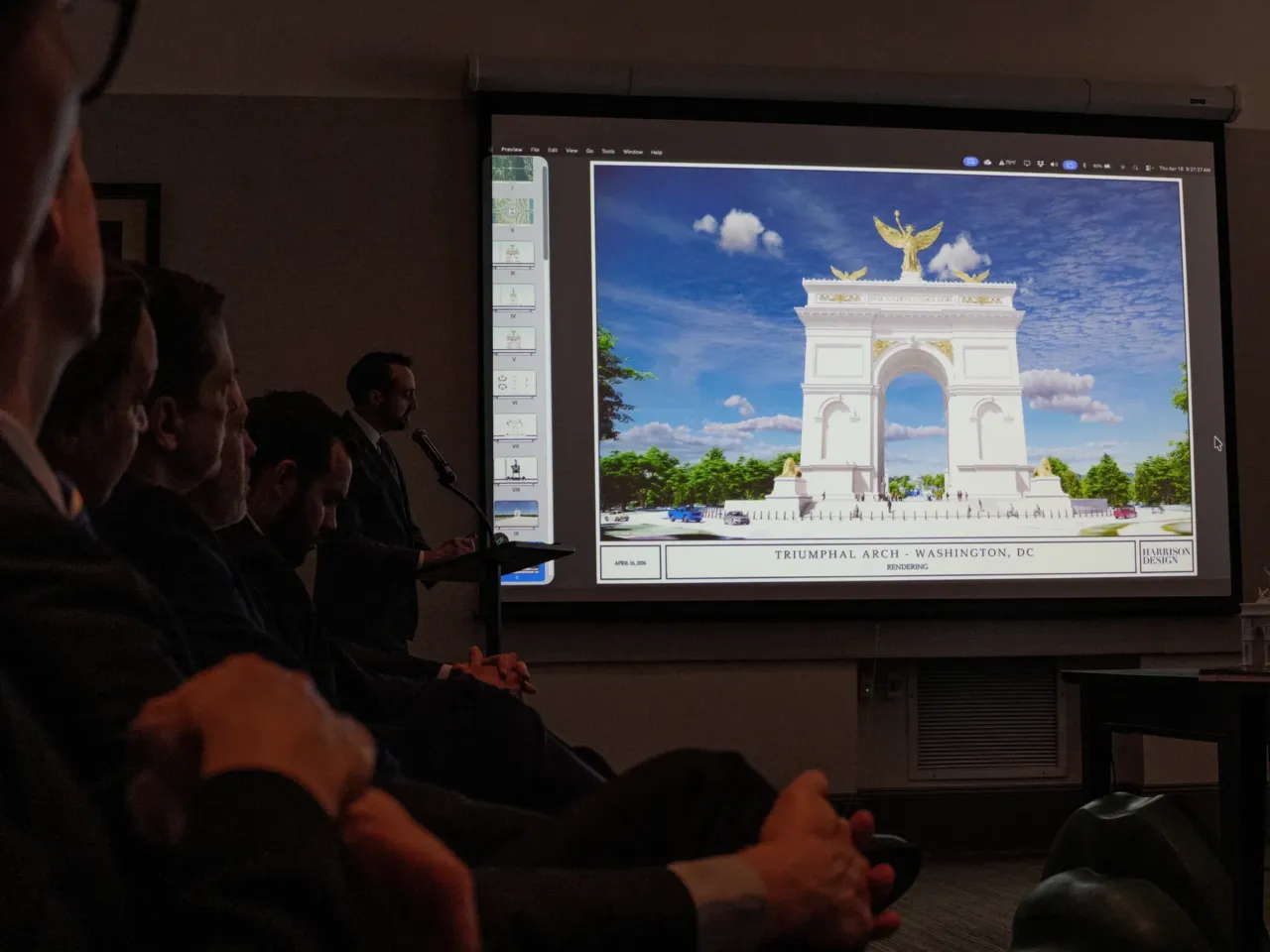 A few people have played a big role in 'jamming through' Trump's arch, critics say 4 An image of the proposed triumphal arch for Memorial Circle is presented at a public meeting of the Commission of Fine Arts in mid-April. At 250 feet, including the sculptures on top, the arch would be more than twice as tall as the Lincoln Memorial.