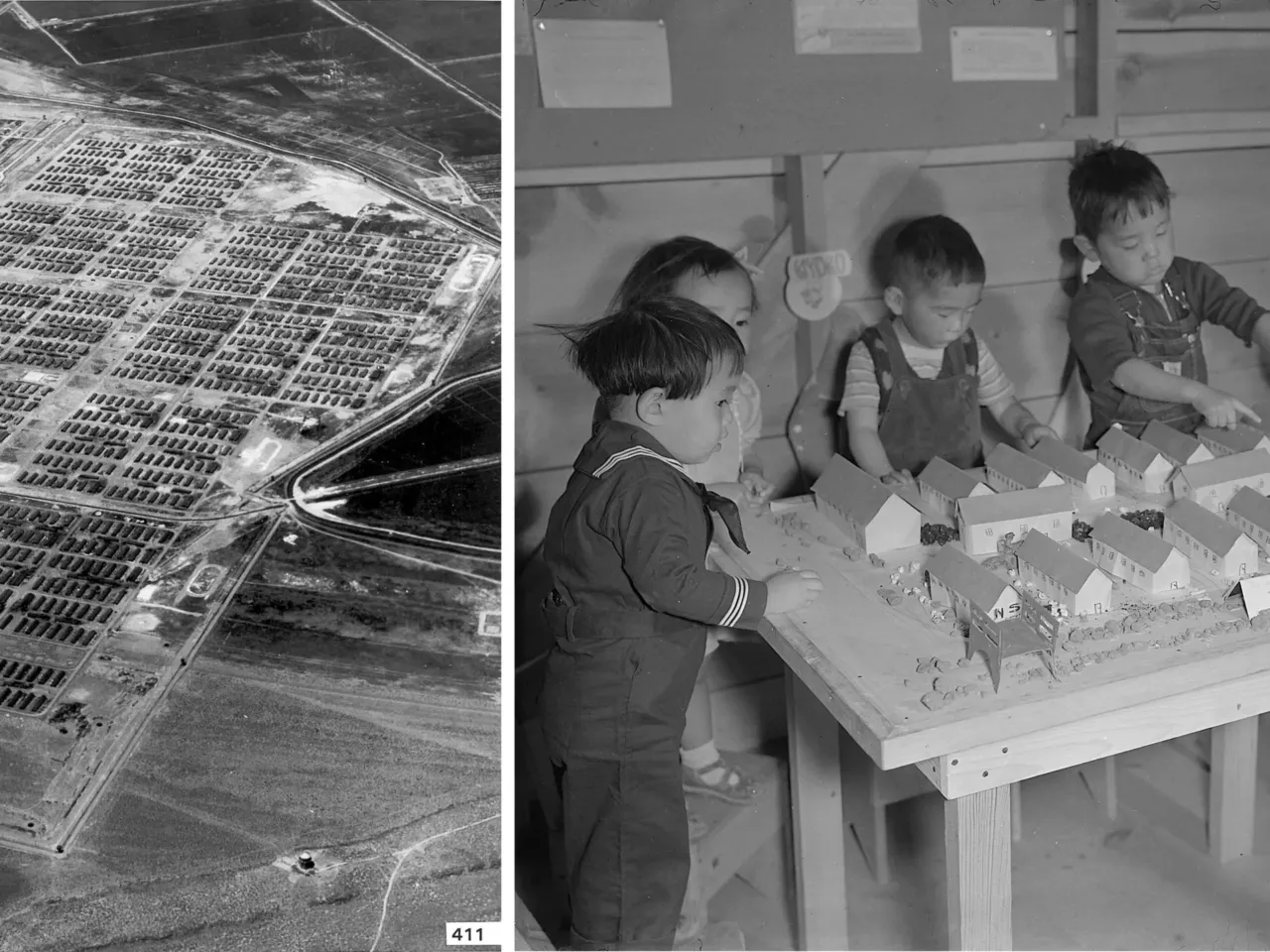 This year's list of endangered historic places focuses on equality and erasure 2 Aerial view, left, of Tule Lake Segregation Center circa 1944-46, and nursery school children with model barracks in 1942.