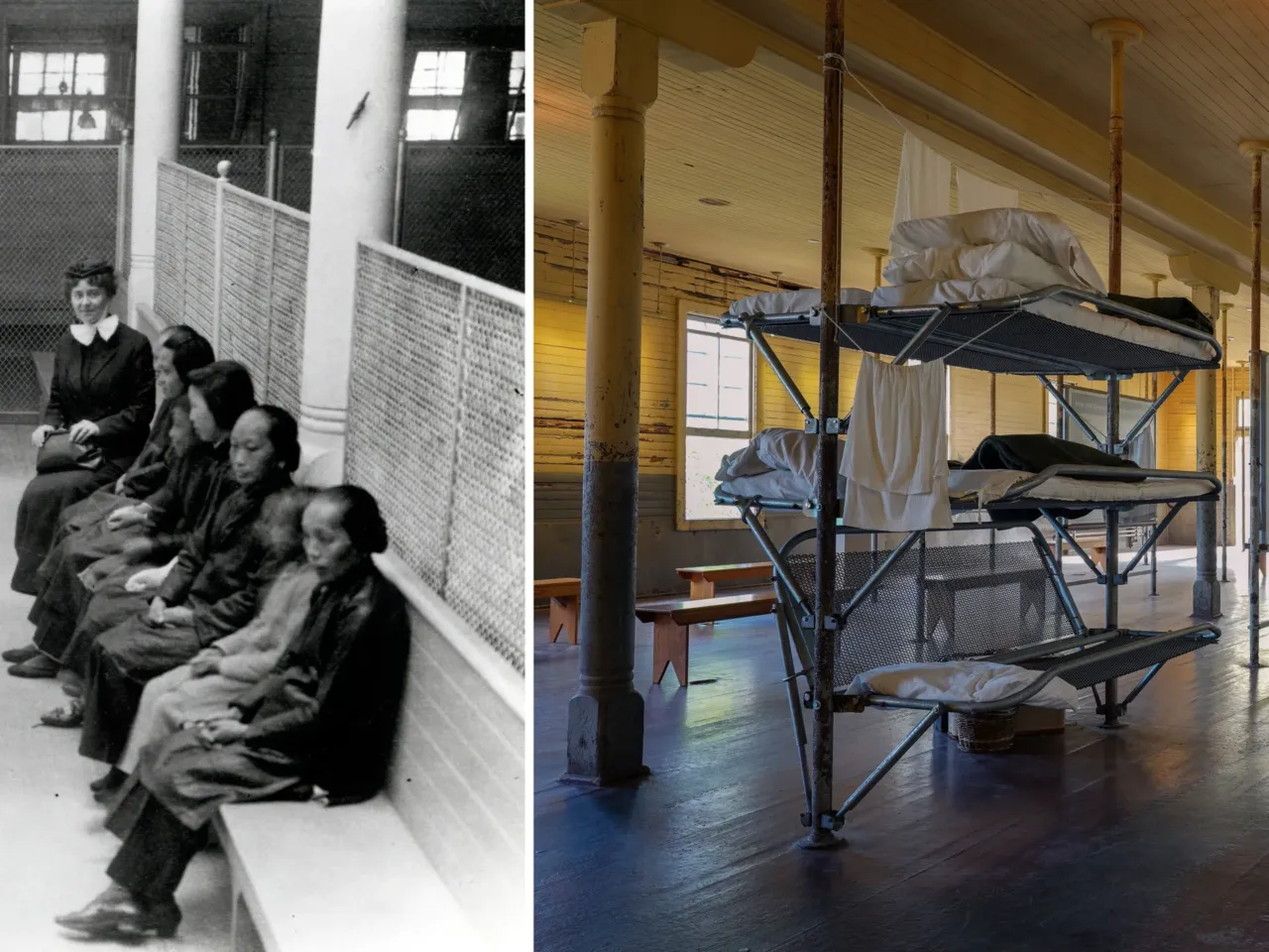 This year's list of endangered historic places focuses on equality and erasure 3 Women and children, left, at the Angel Island Immigration Station circa 1910-1919, and a room on the first floor of thedetention barracks museum.