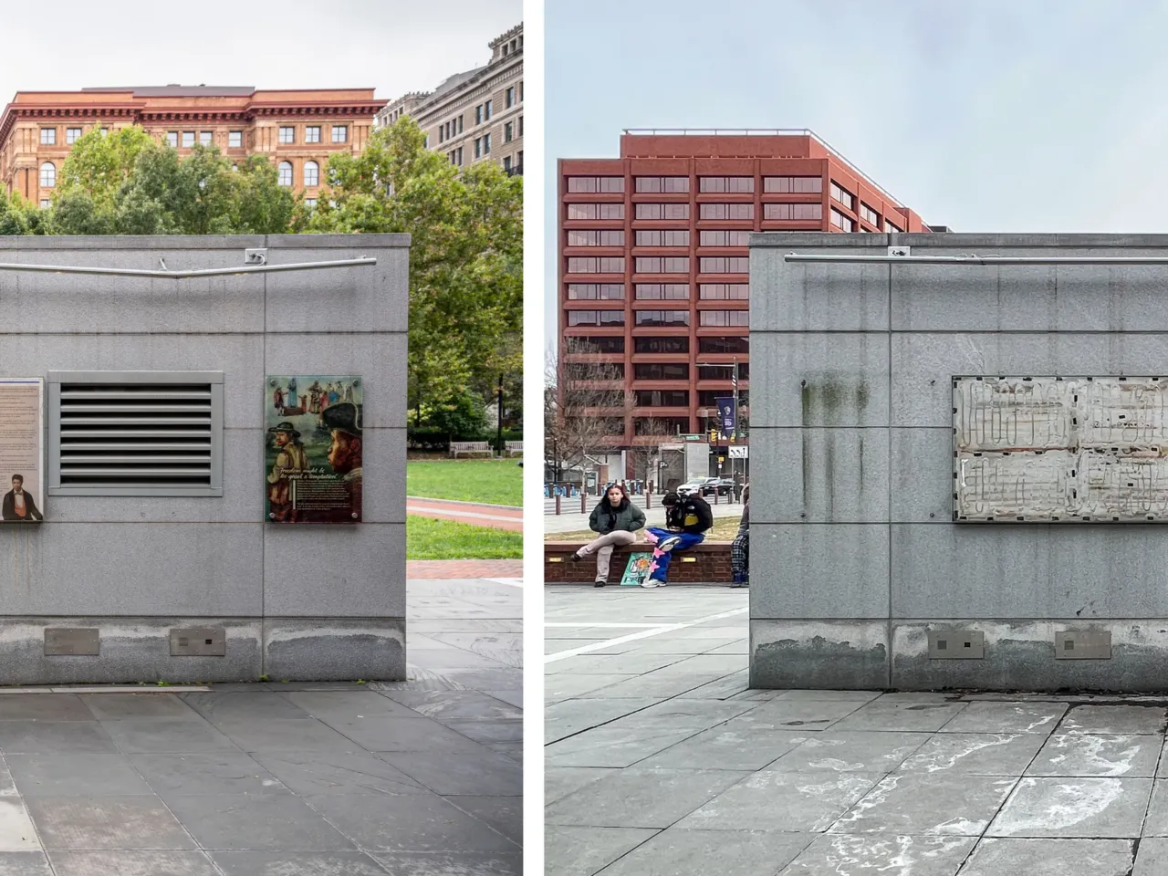 This year's list of endangered historic places focuses on equality and erasure 9 Information about the history of the slave trade, left, before it was removed, right, from The President's House Site in Philadelphia.