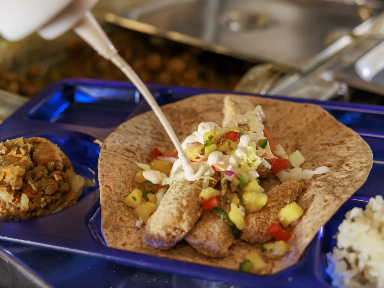 One solution for Maine's struggling fishing industry? Give fillets away for free 5 Fish tacos served with a side of cilantro lime rice and lentil stew were offered to students.