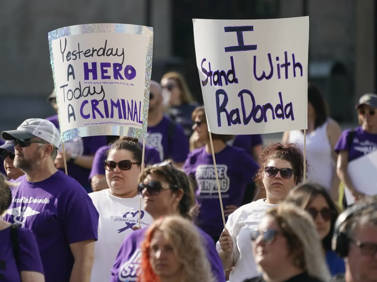 Nurses demonstrated outside the Nashville, Tenn. courthouse during the sentencing hearing for RaDonda Vaught on May 13, 2022.