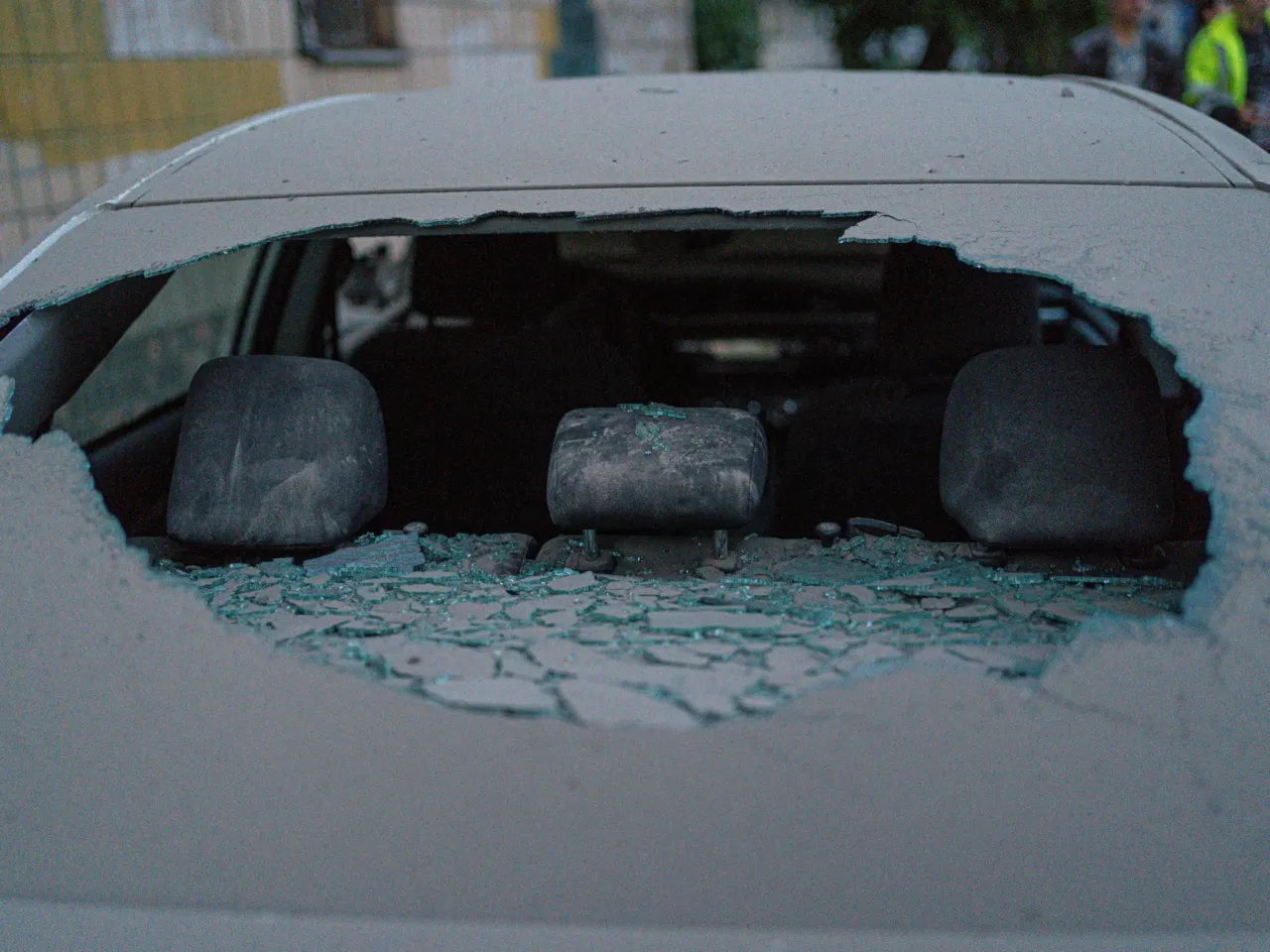 A car window is blown out after the night attack on Kyiv, Ukraine on June 2.
