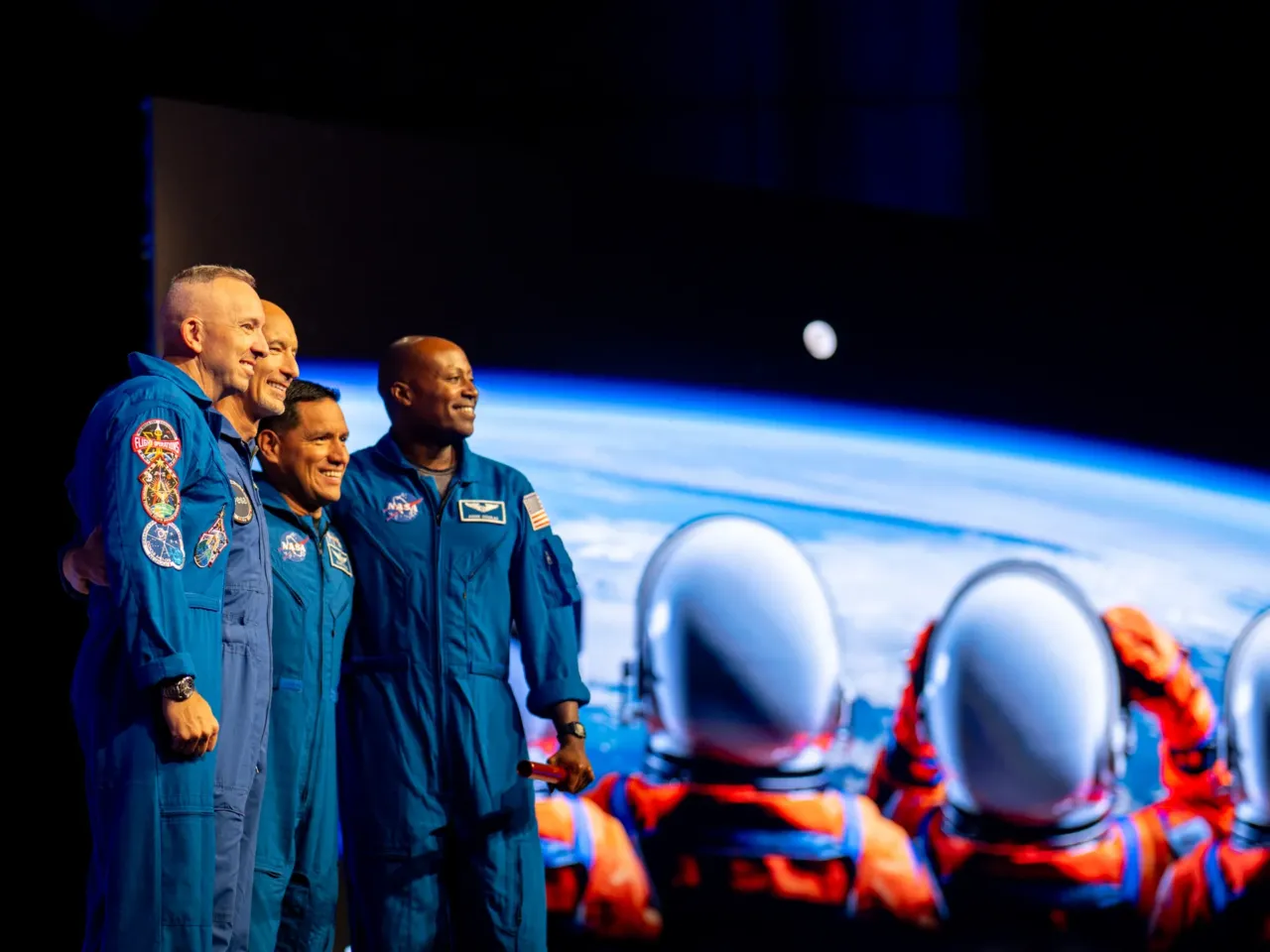 NASA names 4 astronauts on the 'highly complex' Artemis III lunar training mission 1 (From left to right) Astronauts Randy Bresnik, Luca Parmitano of Italy and the European Space Agency, Frank Rubio and Andre Douglas stand together during the conclusion of the Artemis III crew reveal at the NASA Johnson Space Center Tuesday in Houston, Texas.