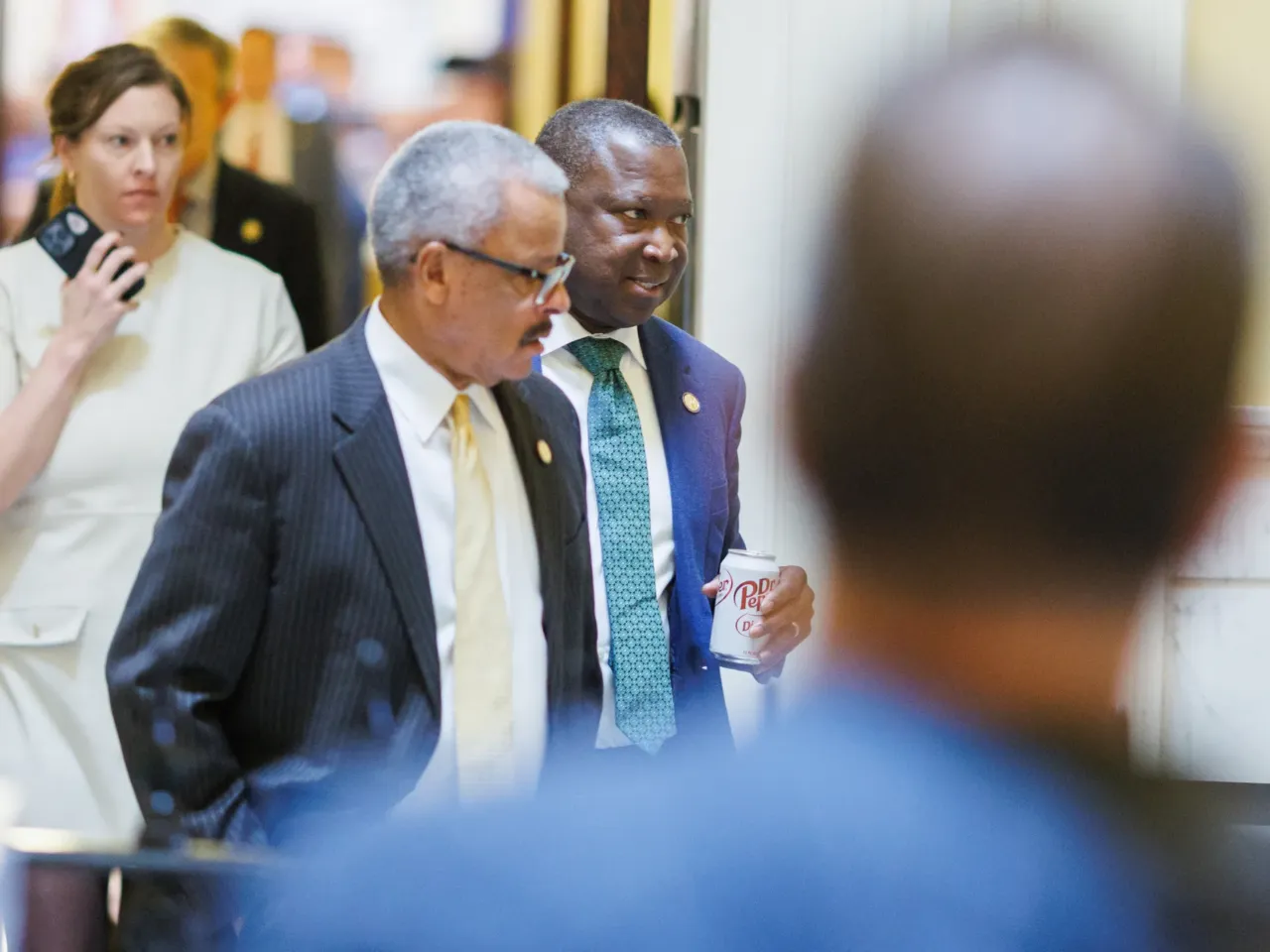 Virginia Del. Luke Torian (D–Prince William) walks with House Speaker Don L. Scott of Portsmouth on Friday, March 13, 2026 at the Virginia State Capitol in Richmond, Virginia.