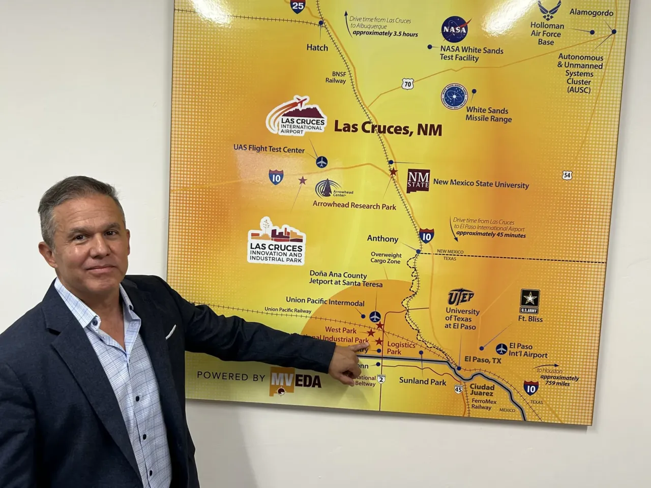 Worries over water as a giant data center moves into the New Mexico desert 3 Davin Lopez, president of the local economic development alliance, points to the location of the hyper-scale data center near the New Mexico-Mexico border. "This is by far larger than anything we've ever seen," he says.